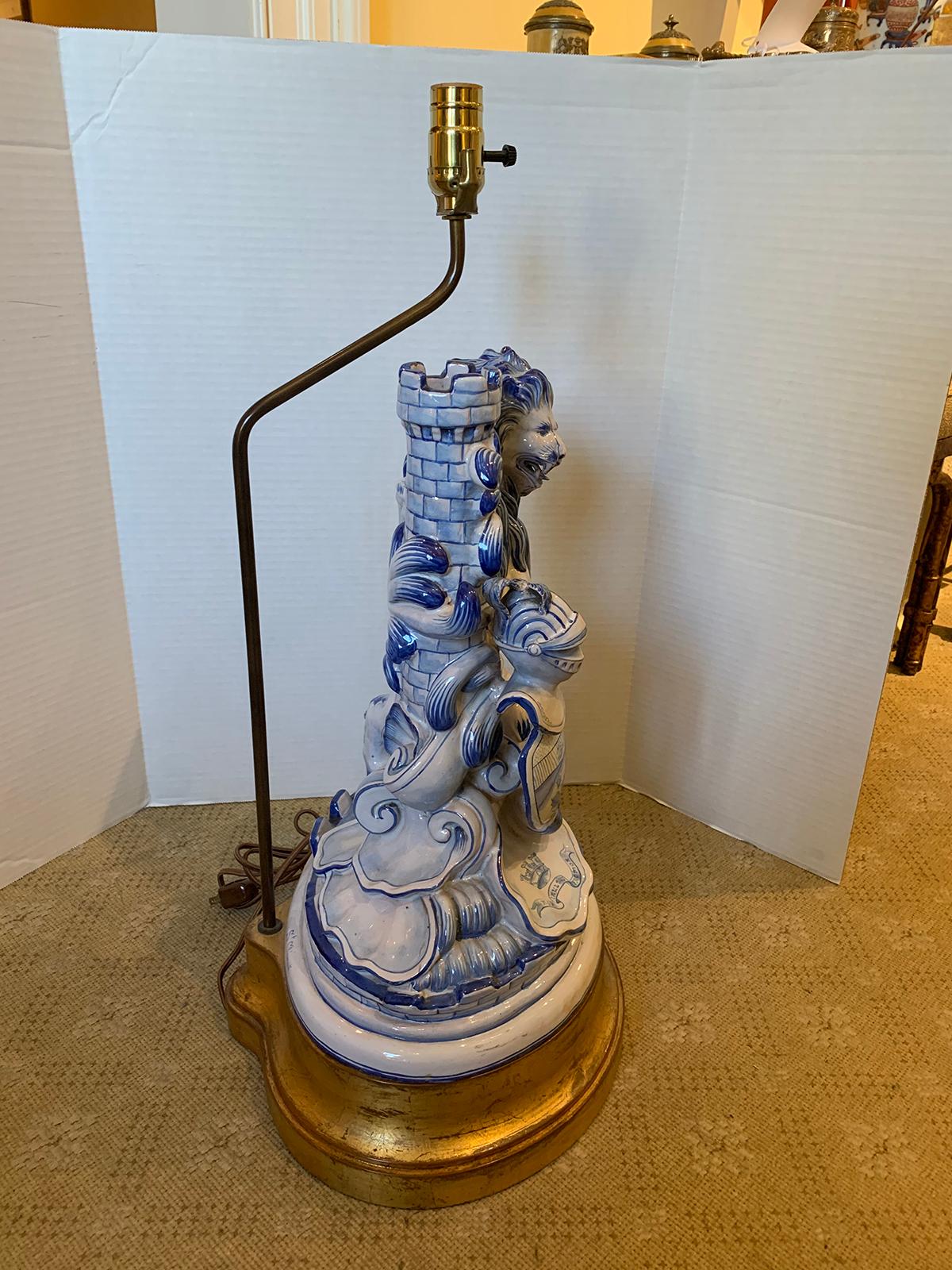 19th Century French Faience Blue and White Lion Lamp by Saint Clement, Signed For Sale 10