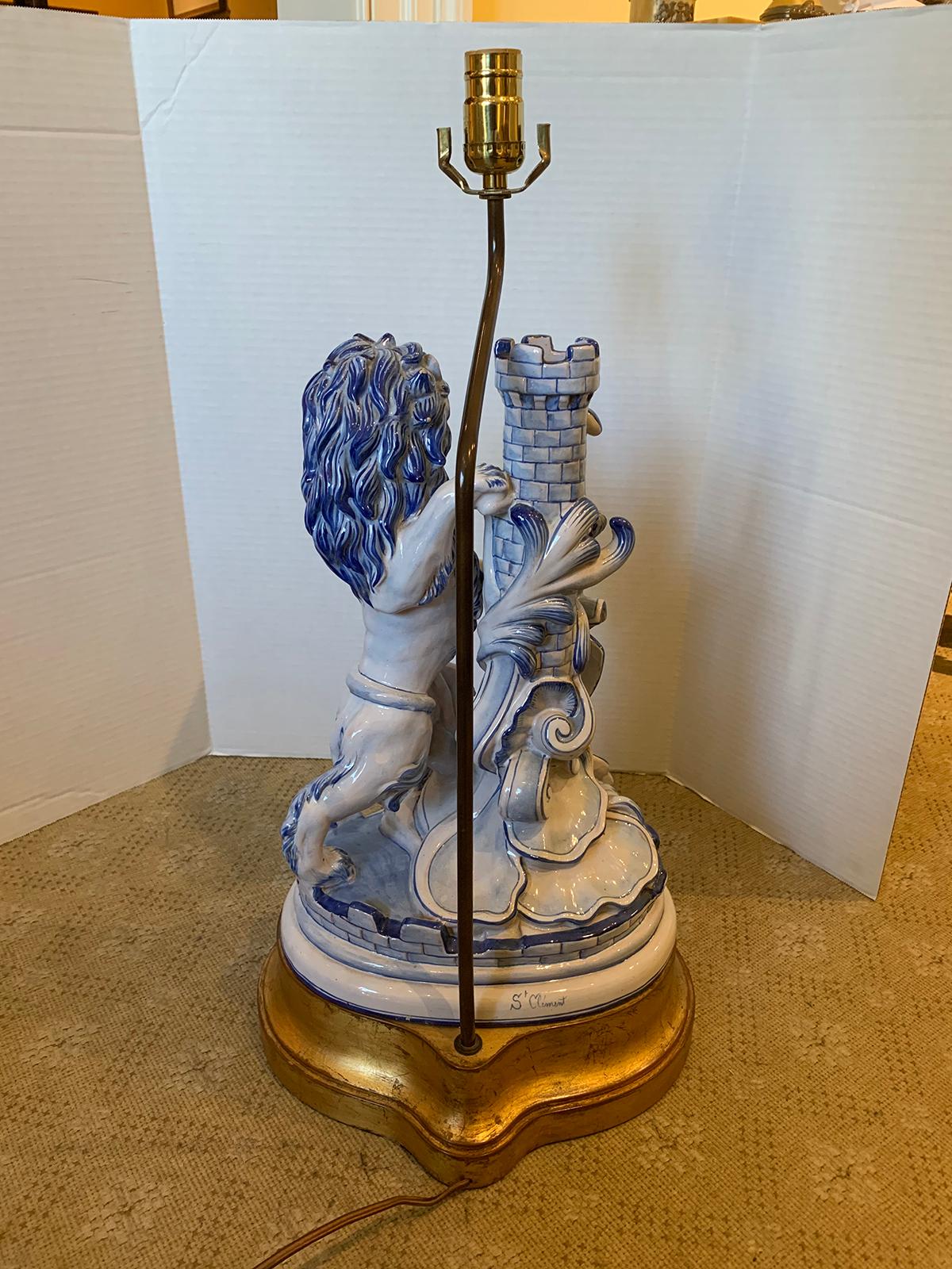 19th Century French Faience Blue and White Lion Lamp by Saint Clement, Signed For Sale 11