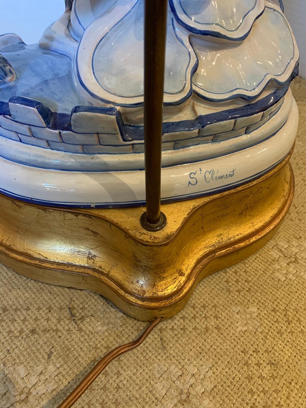 19th Century French Faience Blue and White Lion Lamp by Saint Clement, Signed For Sale 13