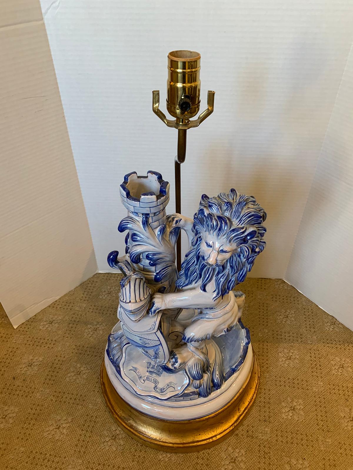 Hand-Painted 19th Century French Faience Blue and White Lion Lamp by Saint Clement, Signed For Sale