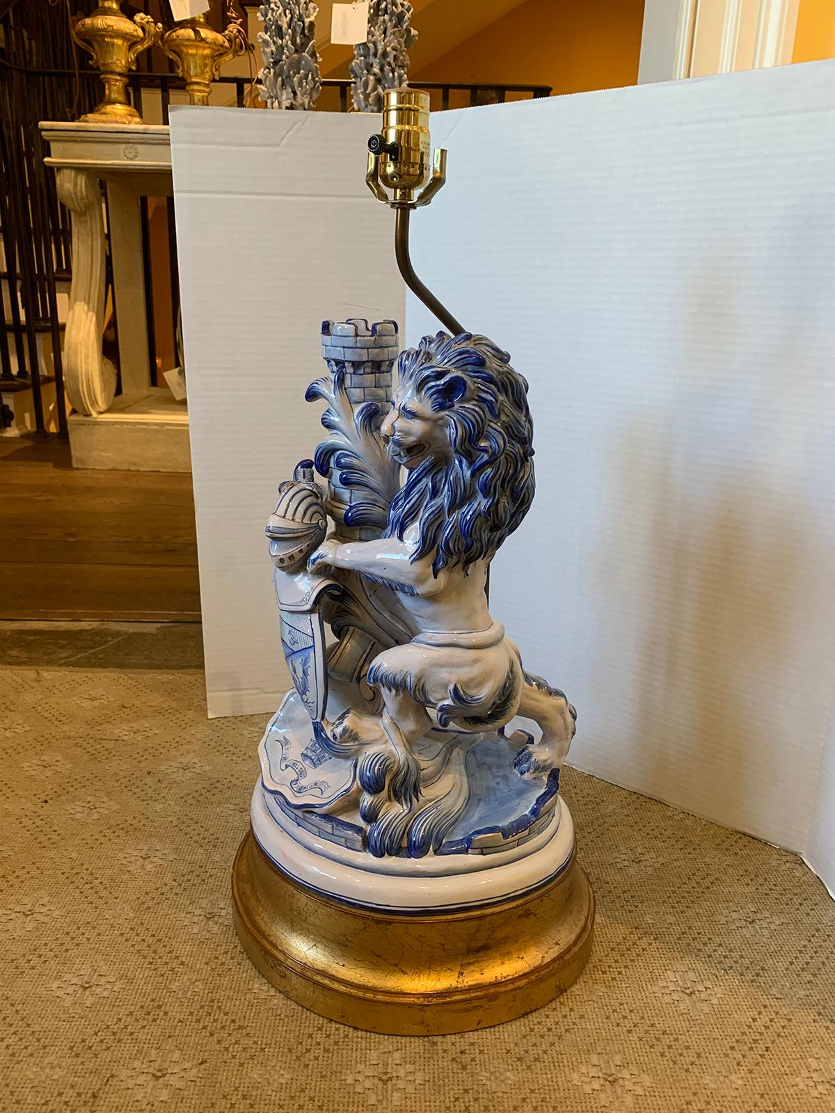 Porcelain 19th Century French Faience Blue and White Lion Lamp by Saint Clement, Signed For Sale