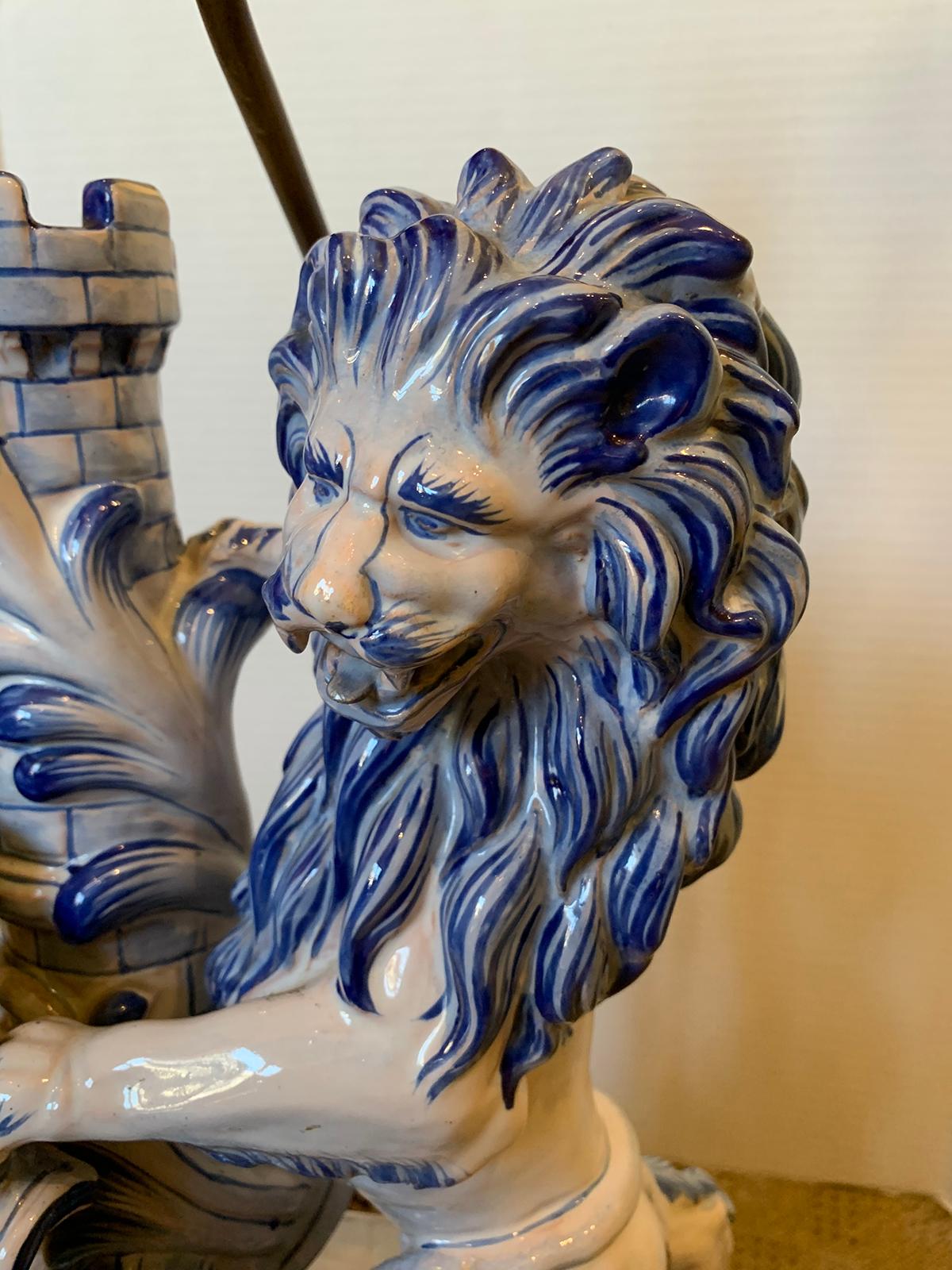 19th Century French Faience Blue and White Lion Lamp by Saint Clement, Signed For Sale 1