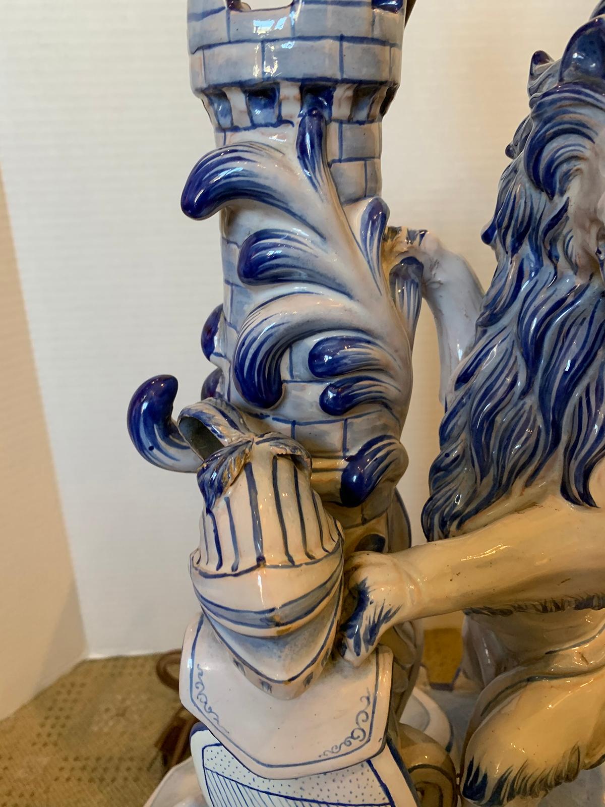 19th Century French Faience Blue and White Lion Lamp by Saint Clement, Signed For Sale 2