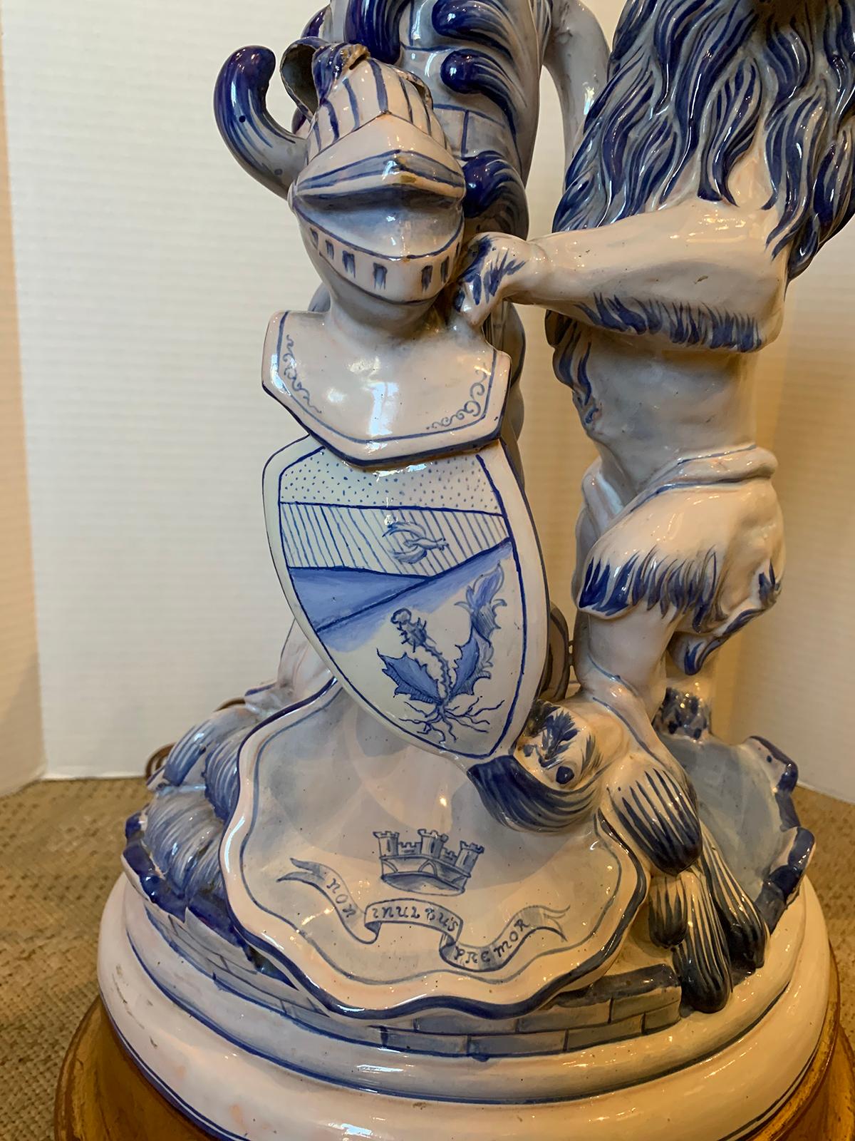 19th Century French Faience Blue and White Lion Lamp by Saint Clement, Signed For Sale 3