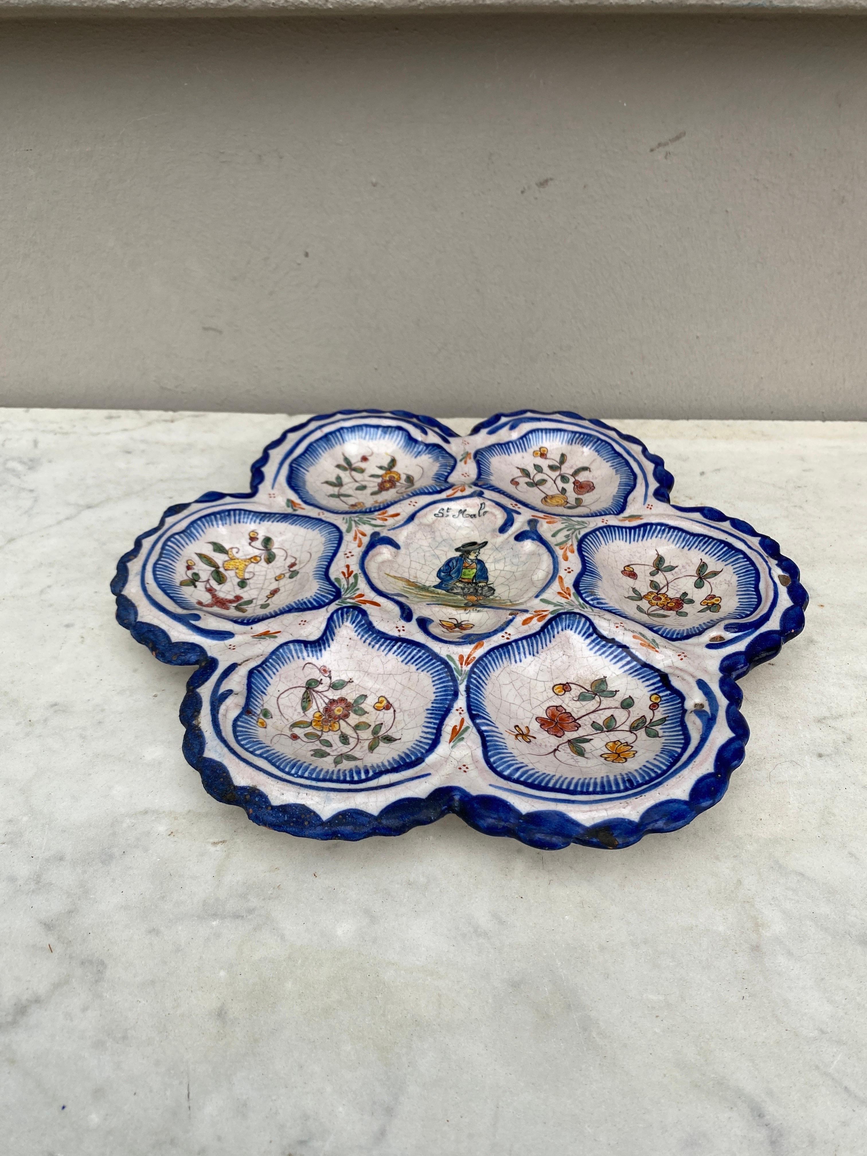 19th Century French Faience Breton Oyster Plate Malicorne In Good Condition For Sale In Austin, TX