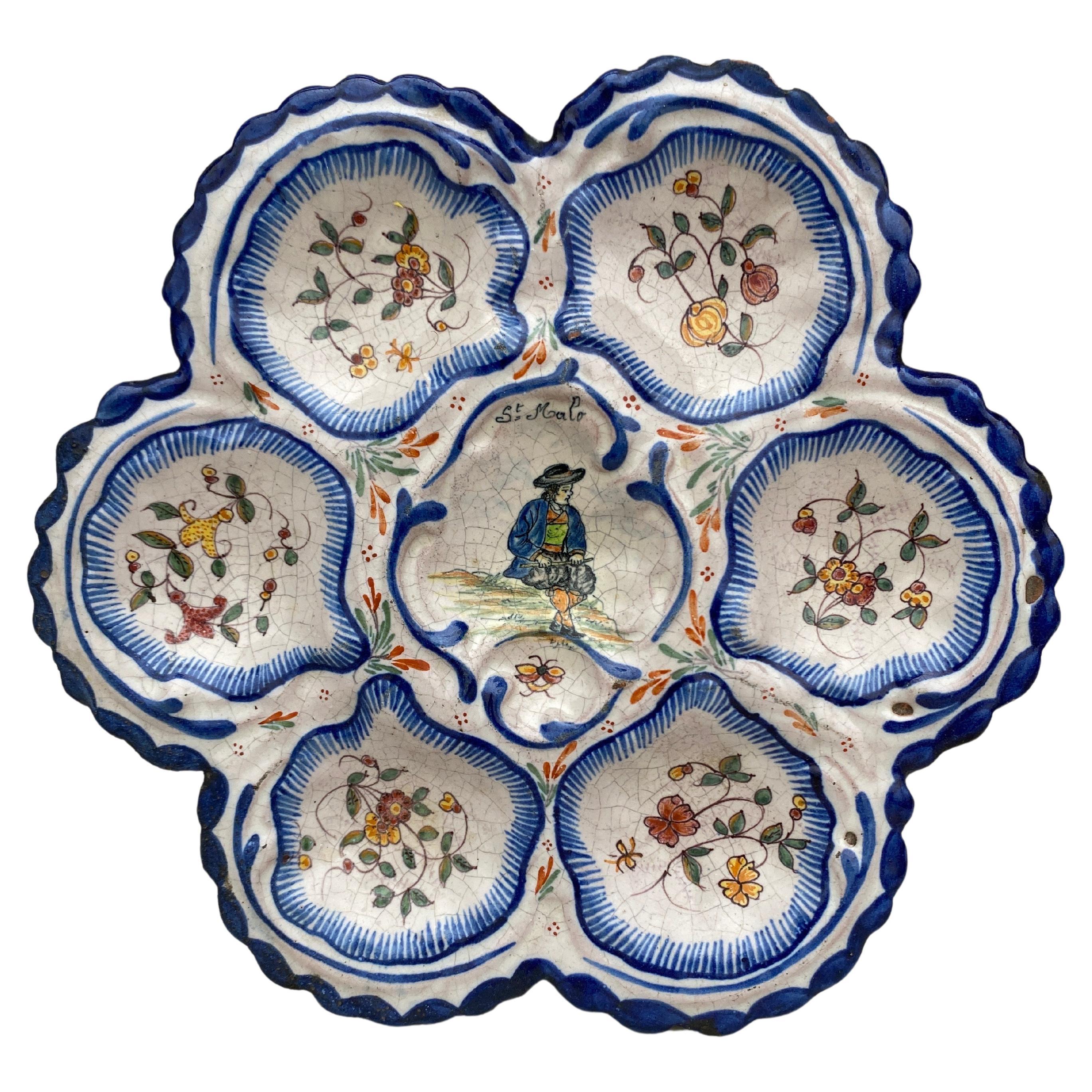 19th Century French Faience Breton Oyster Plate Malicorne For Sale