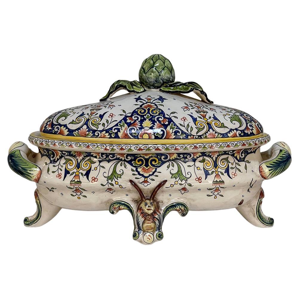 19th Century French Faience Hand-Painted Soup Tureen