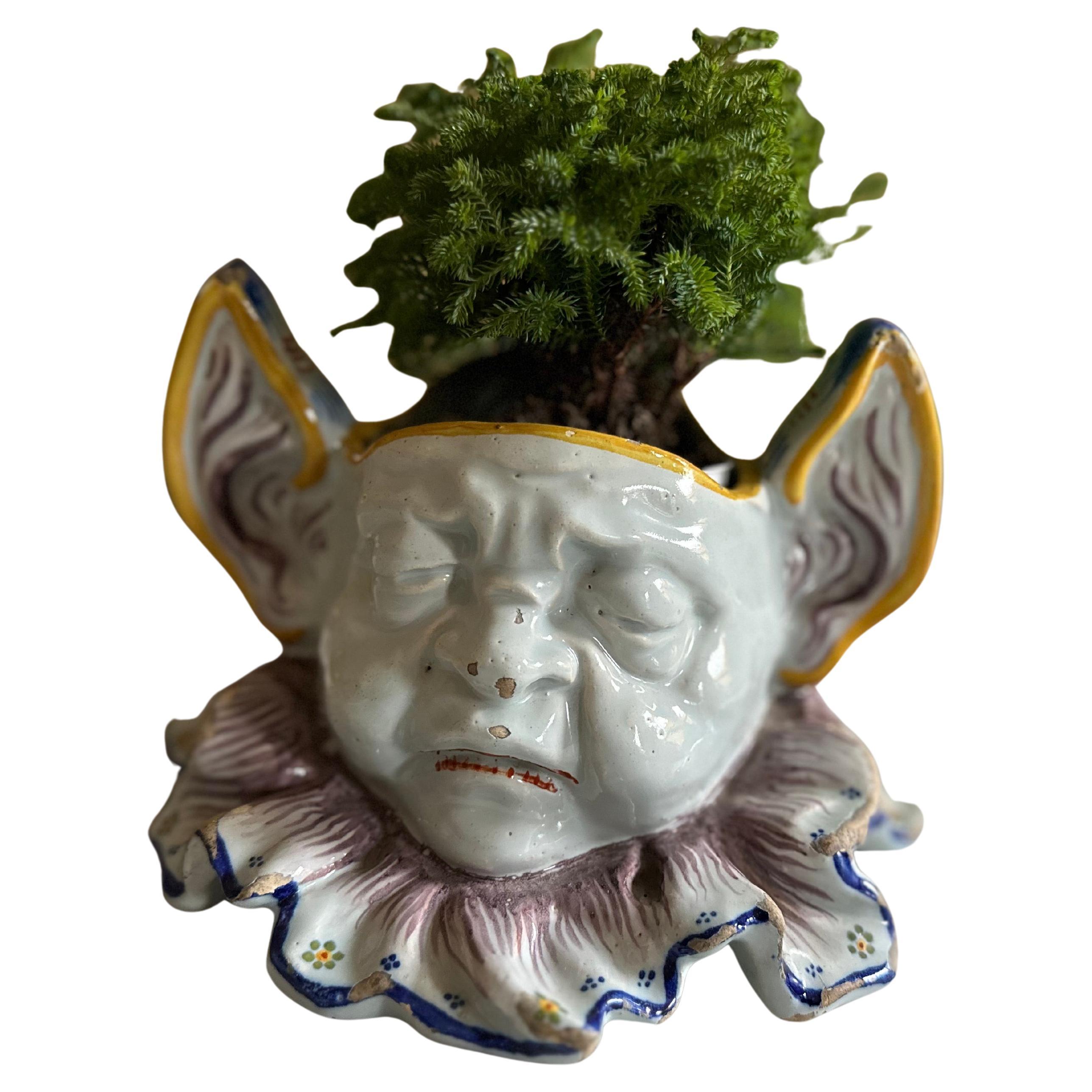19th Century French Faience Harlequin Cachepot, Rouen double-Sided Expression