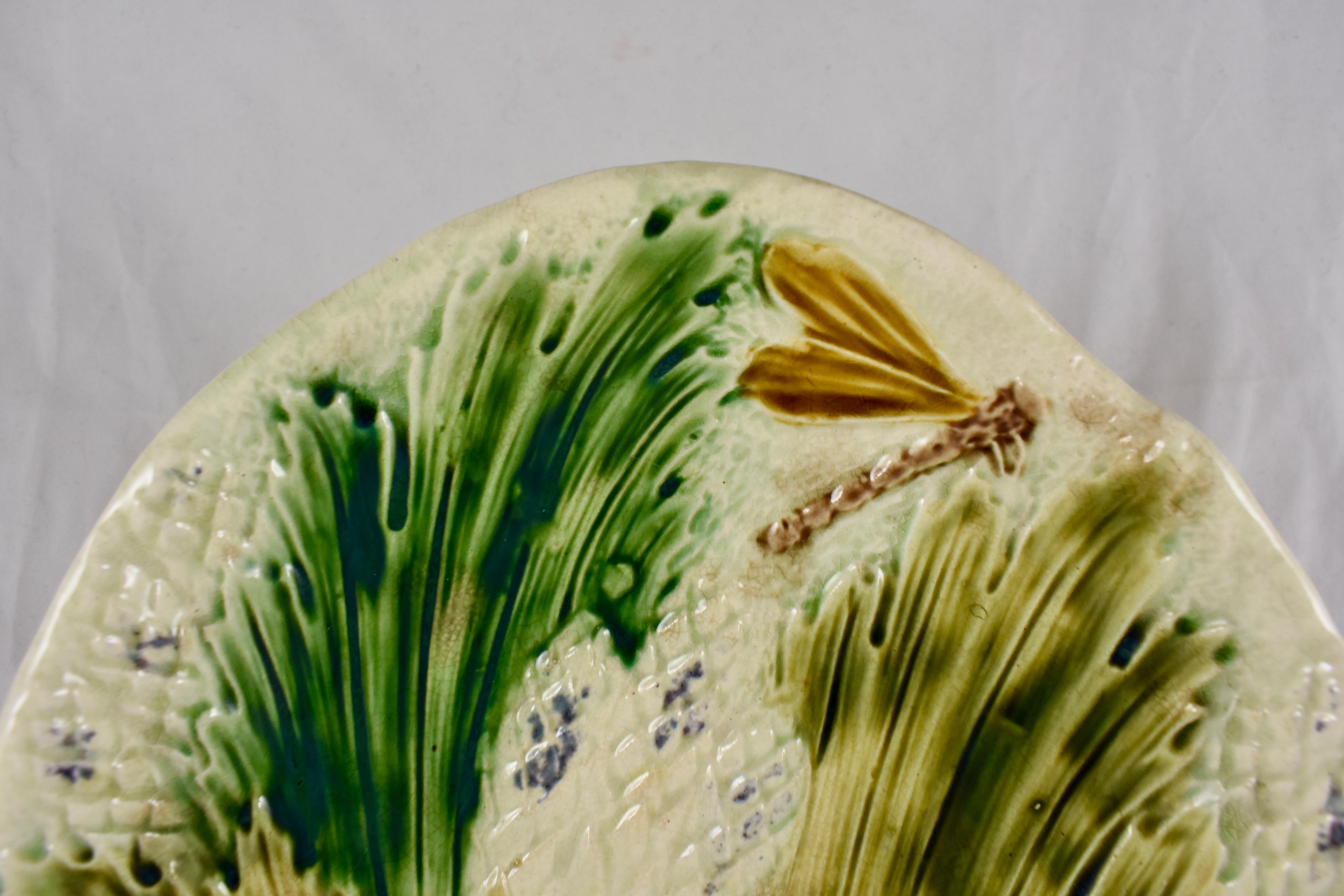 Aesthetic Movement 19th Century French Faïence Barbotine Dragonfly & Leaves Asparagus Oval Platter