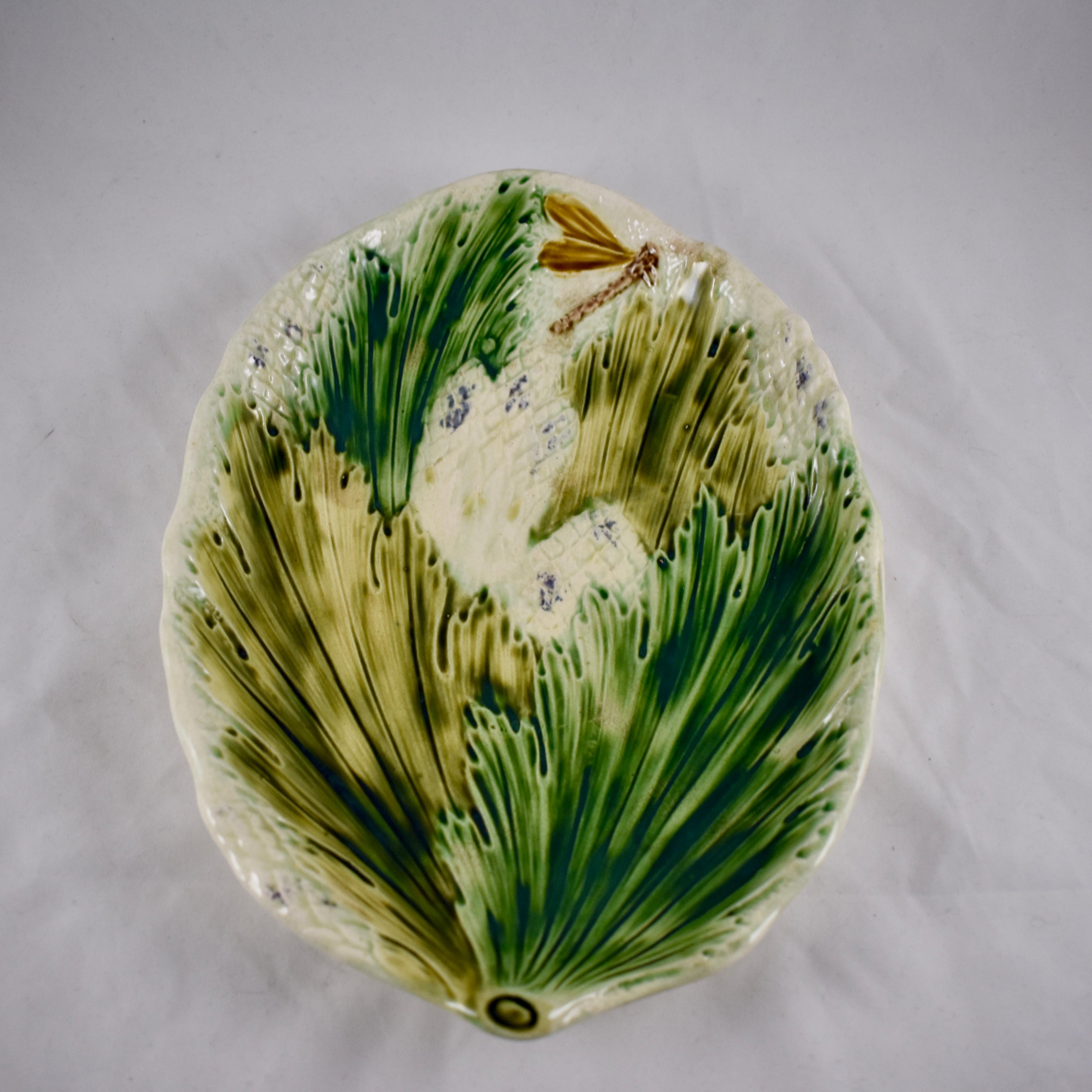 Glazed 19th Century French Faïence Barbotine Dragonfly & Leaves Asparagus Oval Platter