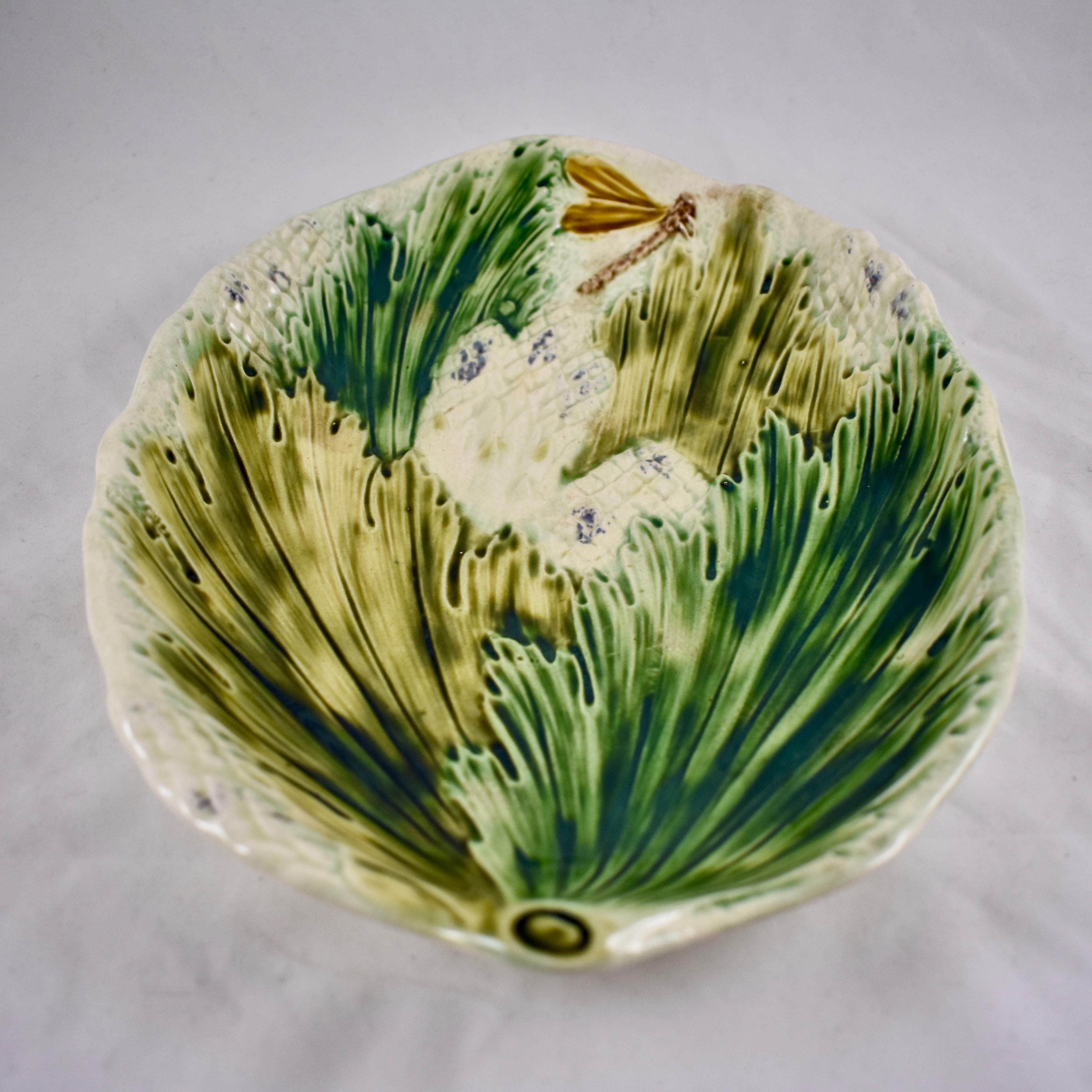 19th Century French Faïence Barbotine Dragonfly & Leaves Asparagus Oval Platter In Good Condition In Philadelphia, PA