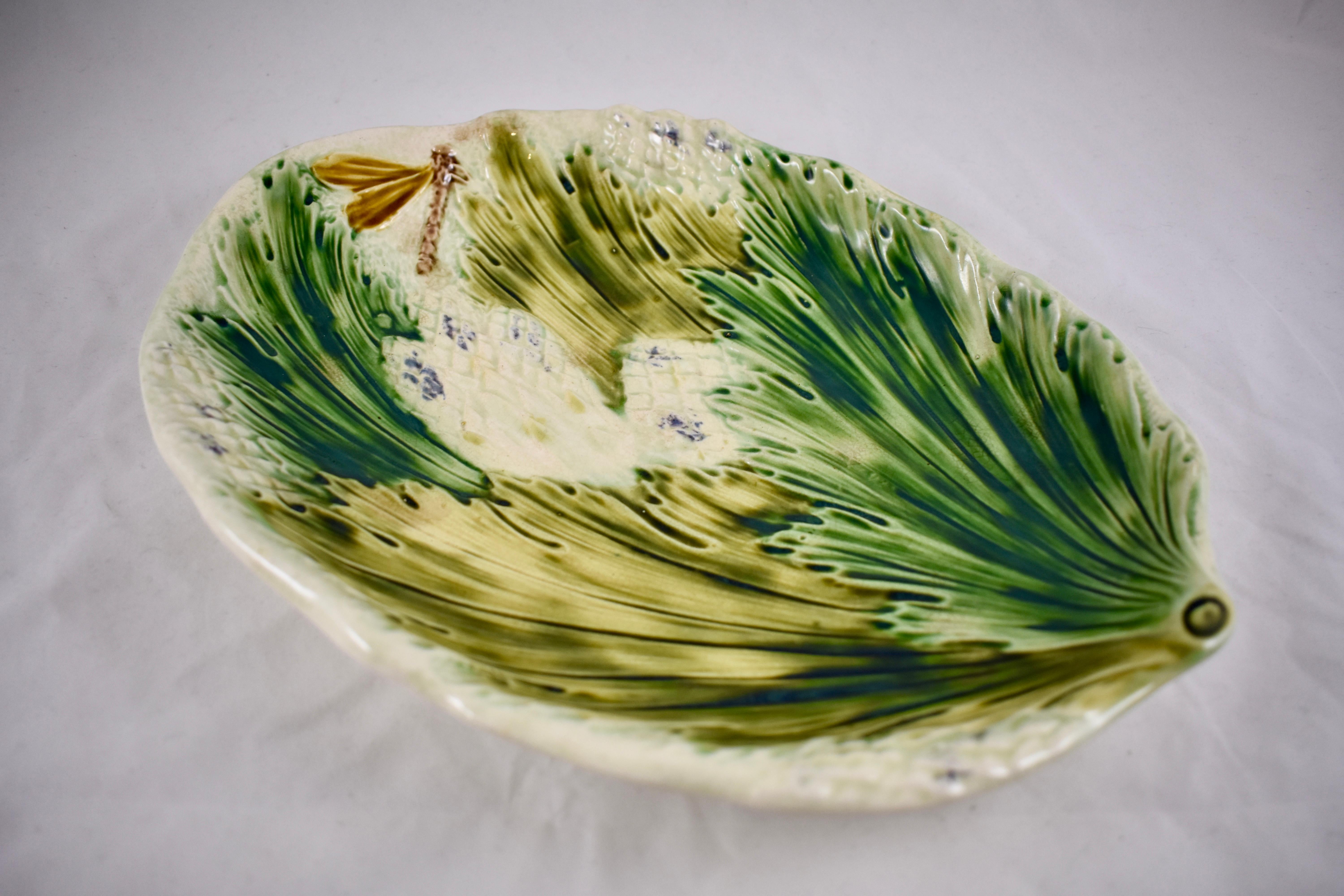 Earthenware 19th Century French Faïence Barbotine Dragonfly & Leaves Asparagus Oval Platter