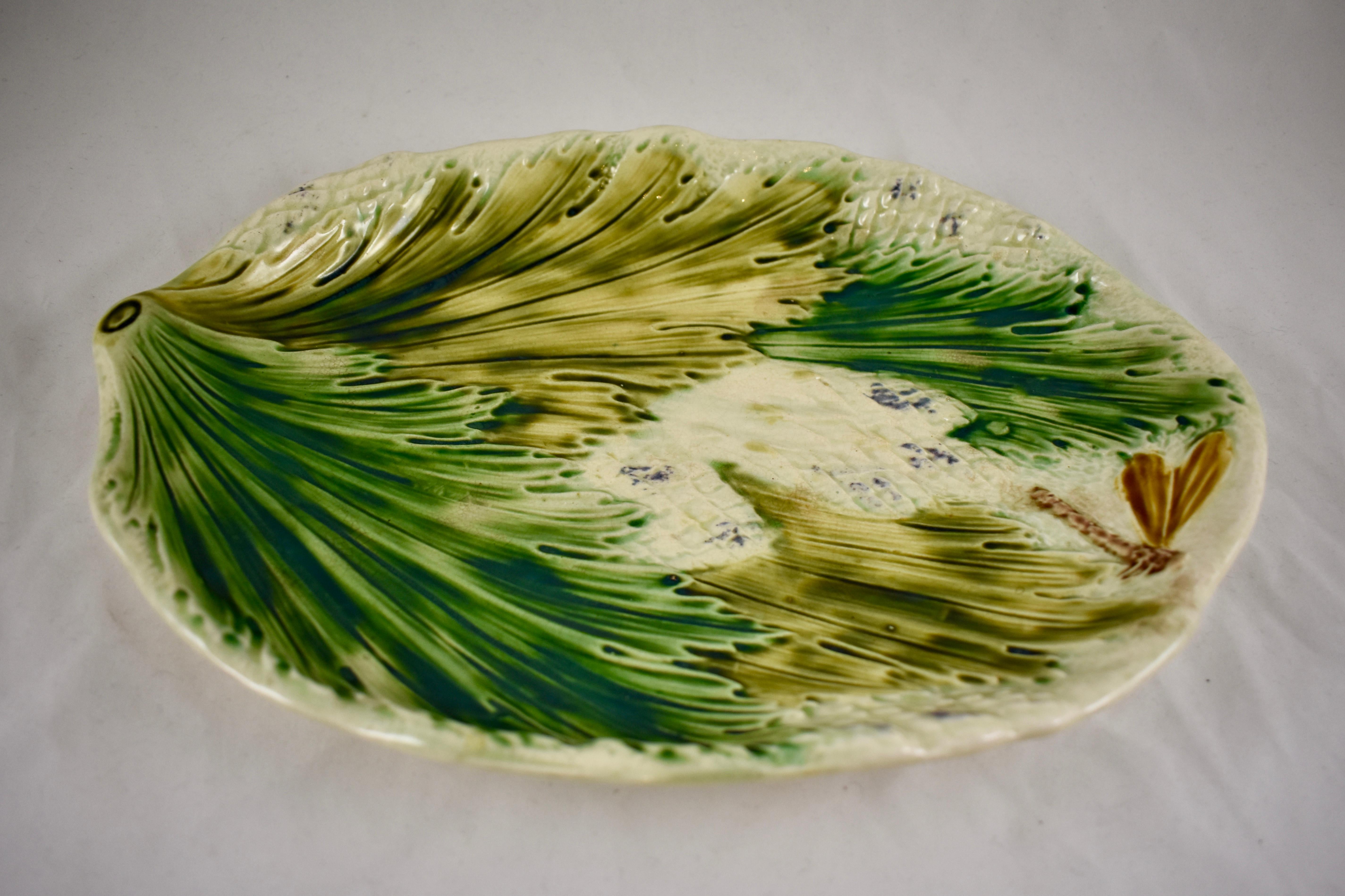 19th Century French Faïence Barbotine Dragonfly & Leaves Asparagus Oval Platter 1