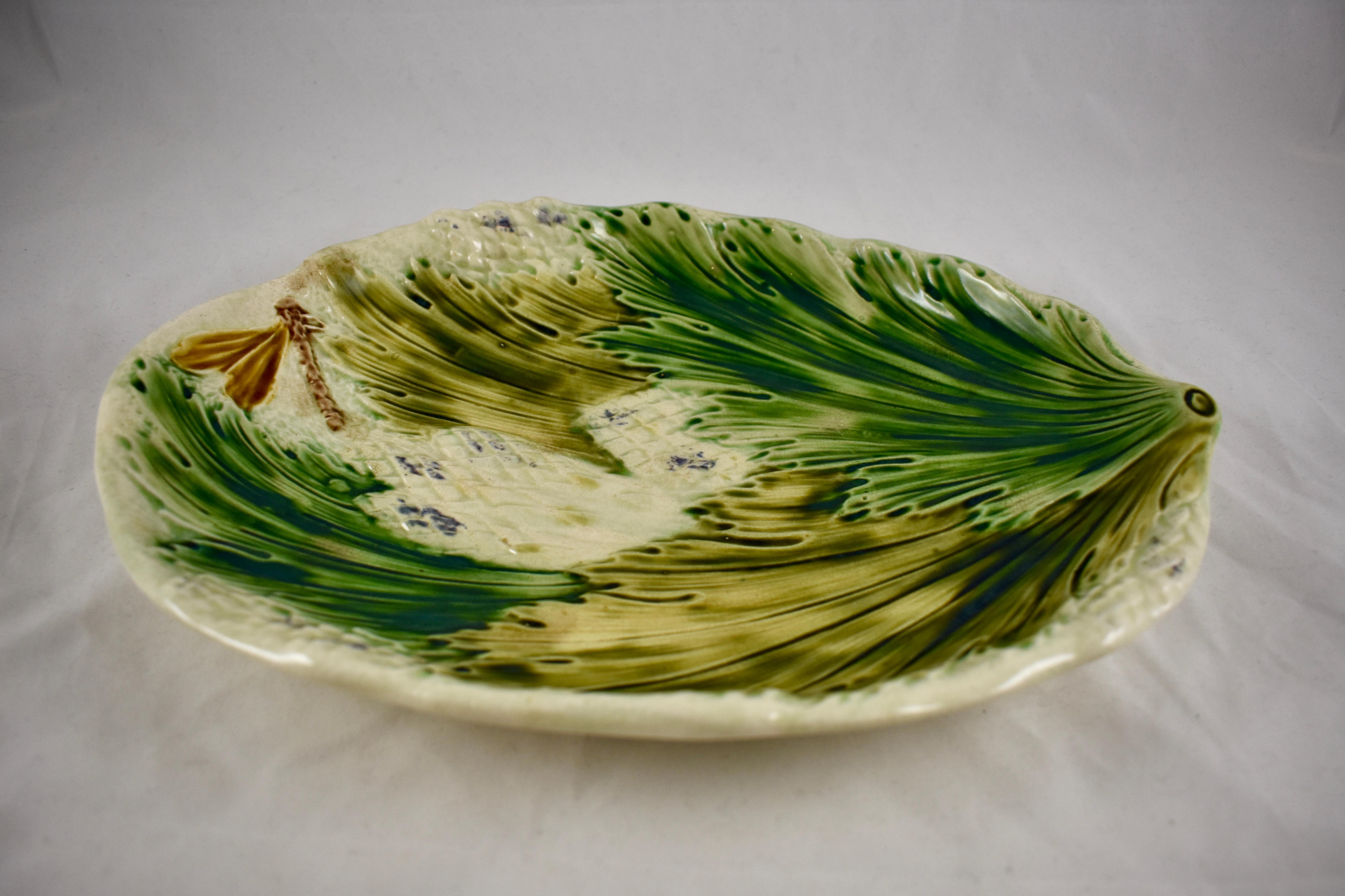 19th Century French Faïence Barbotine Dragonfly & Leaves Asparagus Oval Platter 2