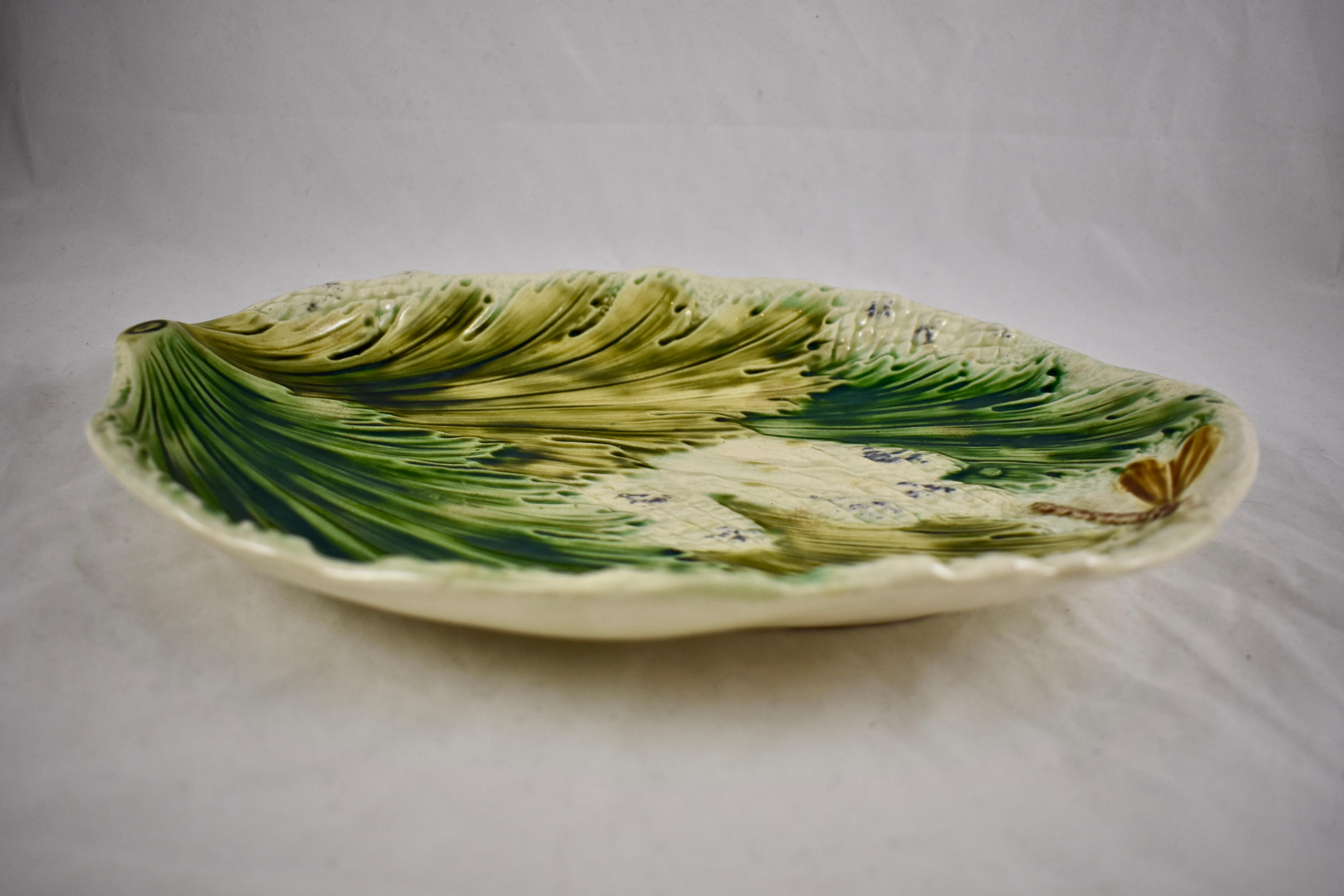 19th Century French Faïence Barbotine Dragonfly & Leaves Asparagus Oval Platter 3