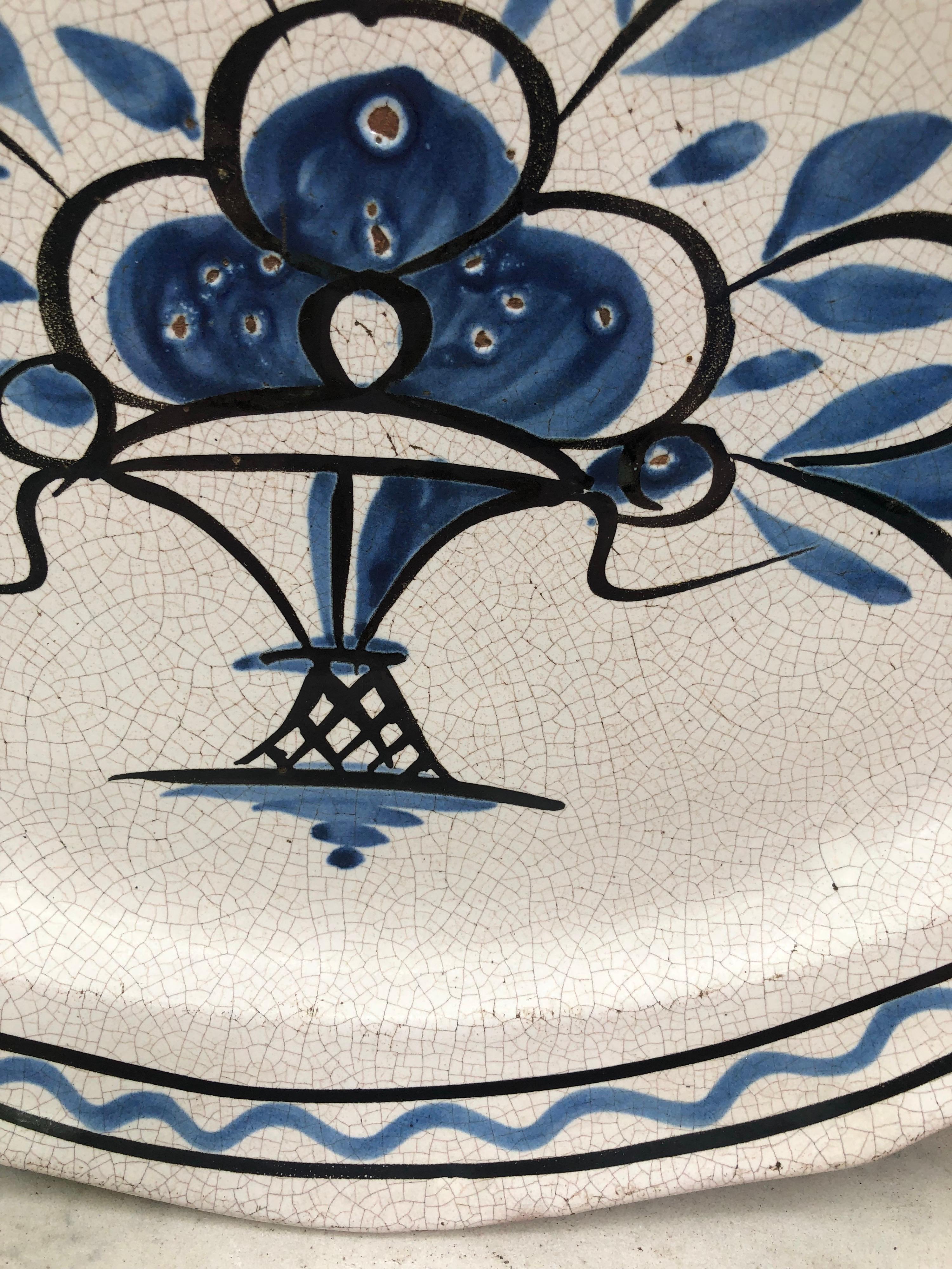 Country 19th Century French Faience Oval Blue & White Platter Forges Les Eaux For Sale