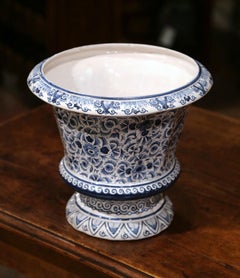 19th Century French Blue and White Faience Cache Pot with Floral Decor