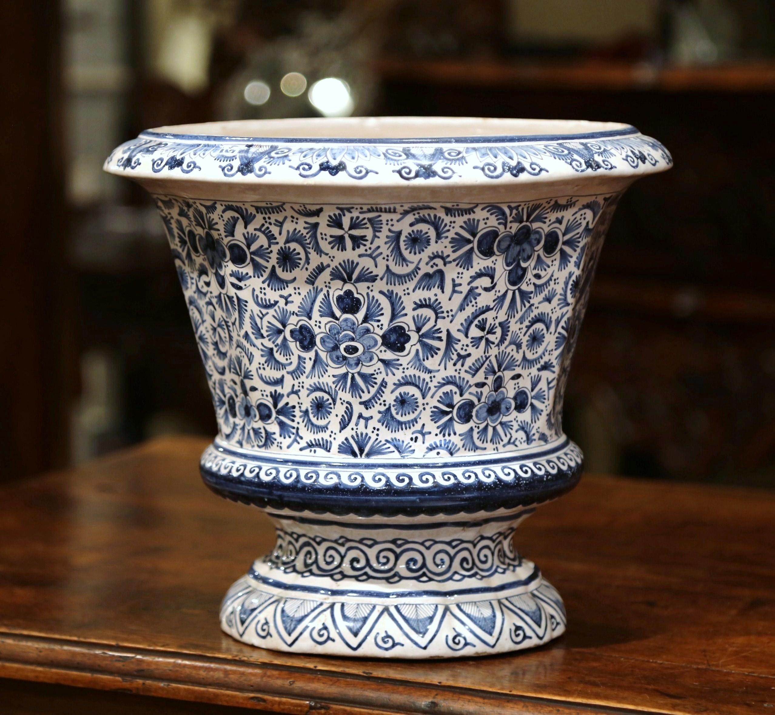 Hand-Crafted 19th Century French Blue and White Faience Cache Pot with Floral Decor