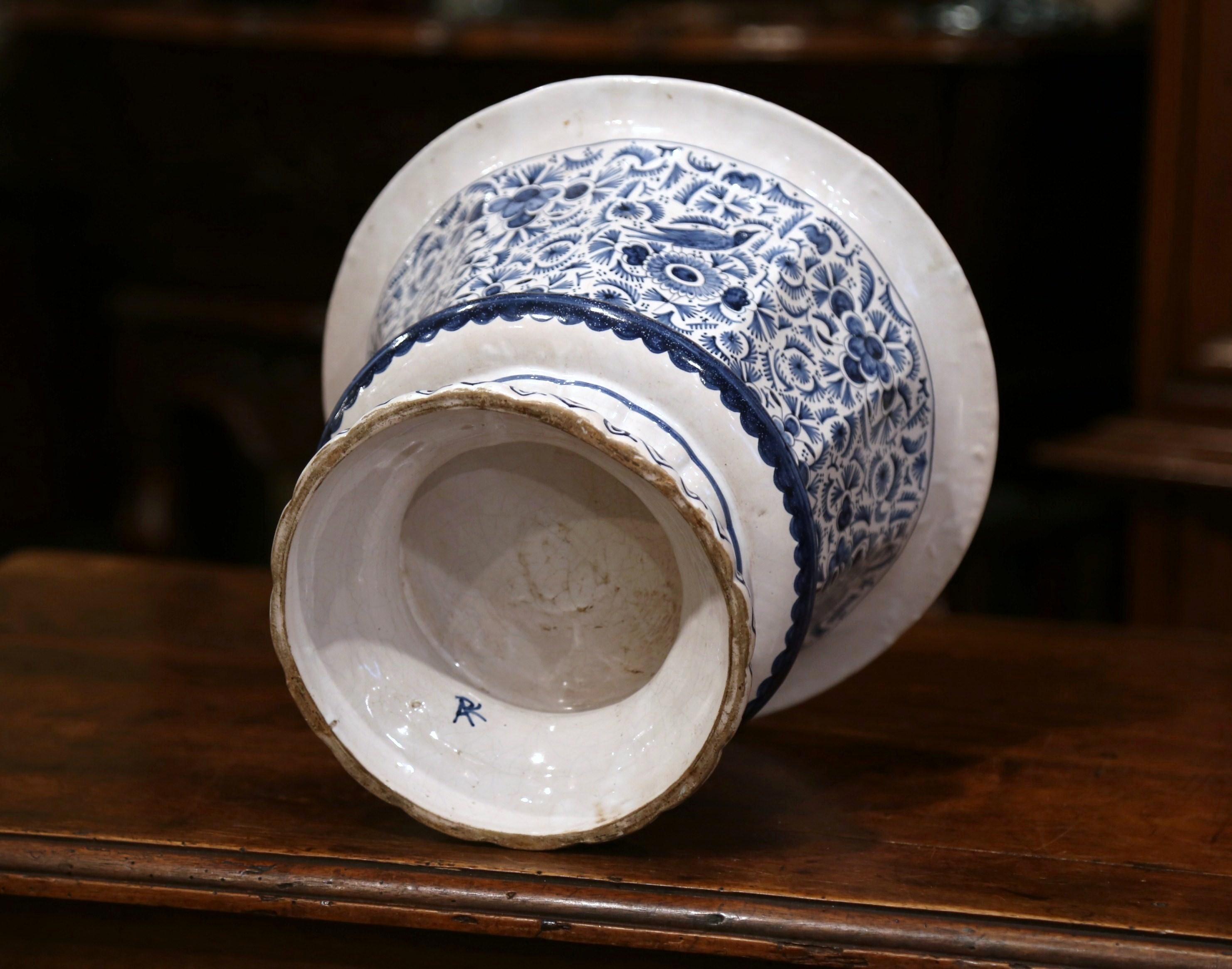 19th Century French Blue and White Faience Cache Pot with Floral Decor In Excellent Condition In Dallas, TX