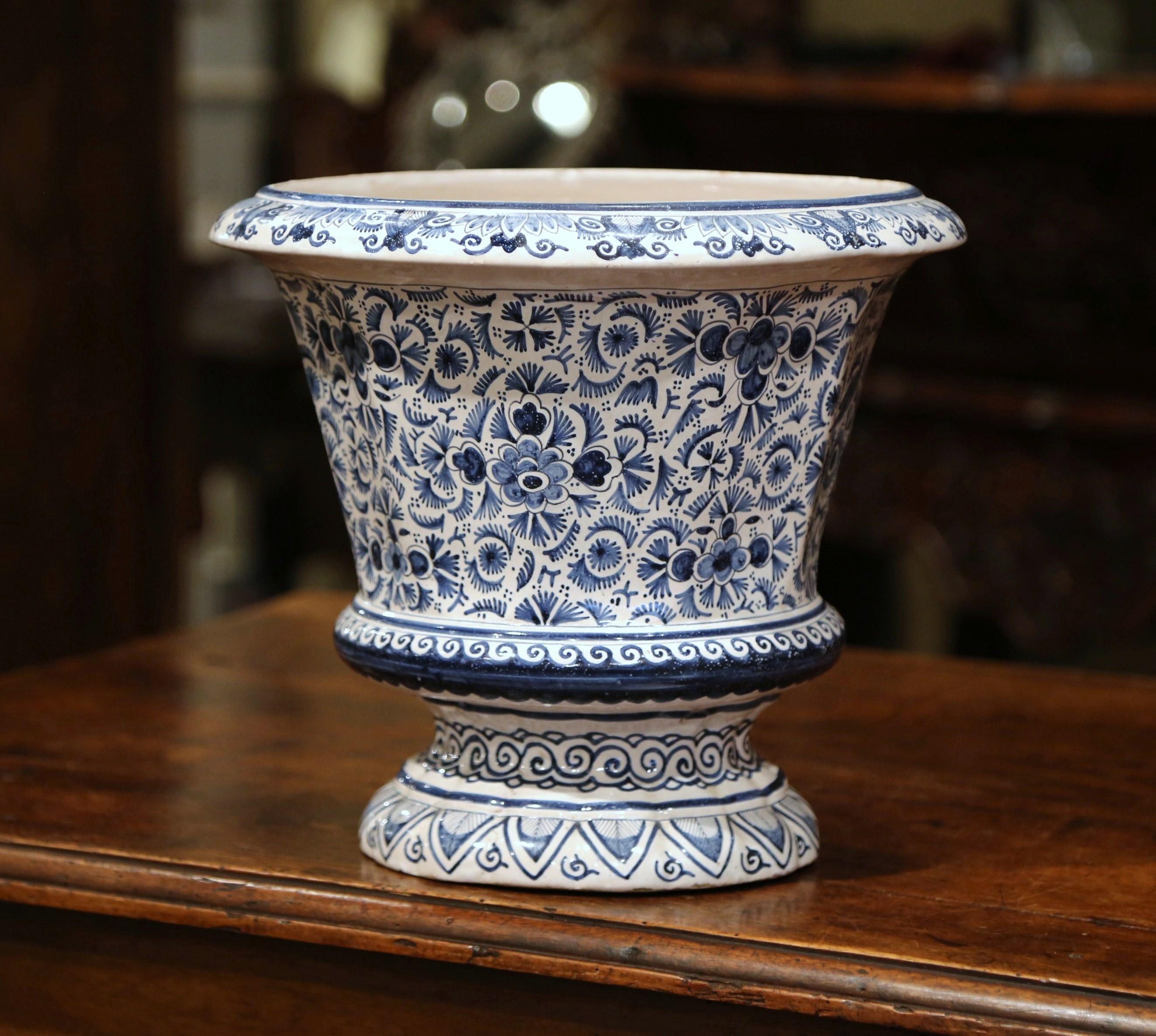 19th Century French Blue and White Faience Cache Pot with Floral Decor 1