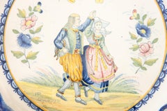 19th Century French Faience Quimper Dancing Couple Pie Crust Plate Footed Dish