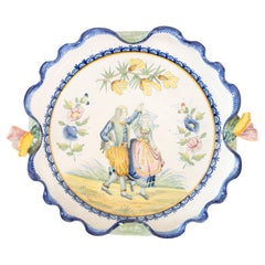 19th Century French Faience Quimper Dancing Couple Pie Crust Plate Footed Dish