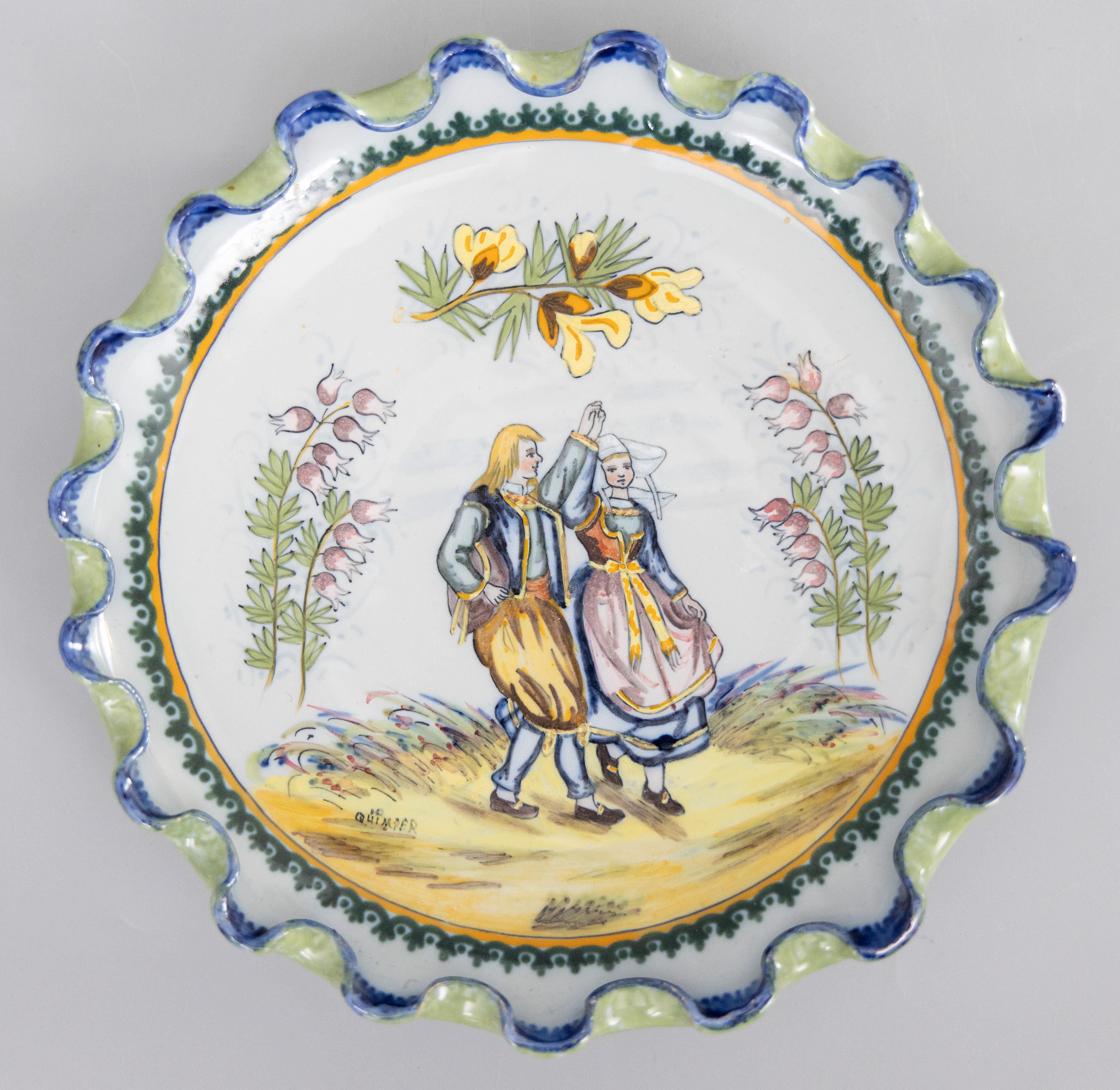 19th Century French Faience Quimper Dancing Couple Pie Crust Plate For Sale 3