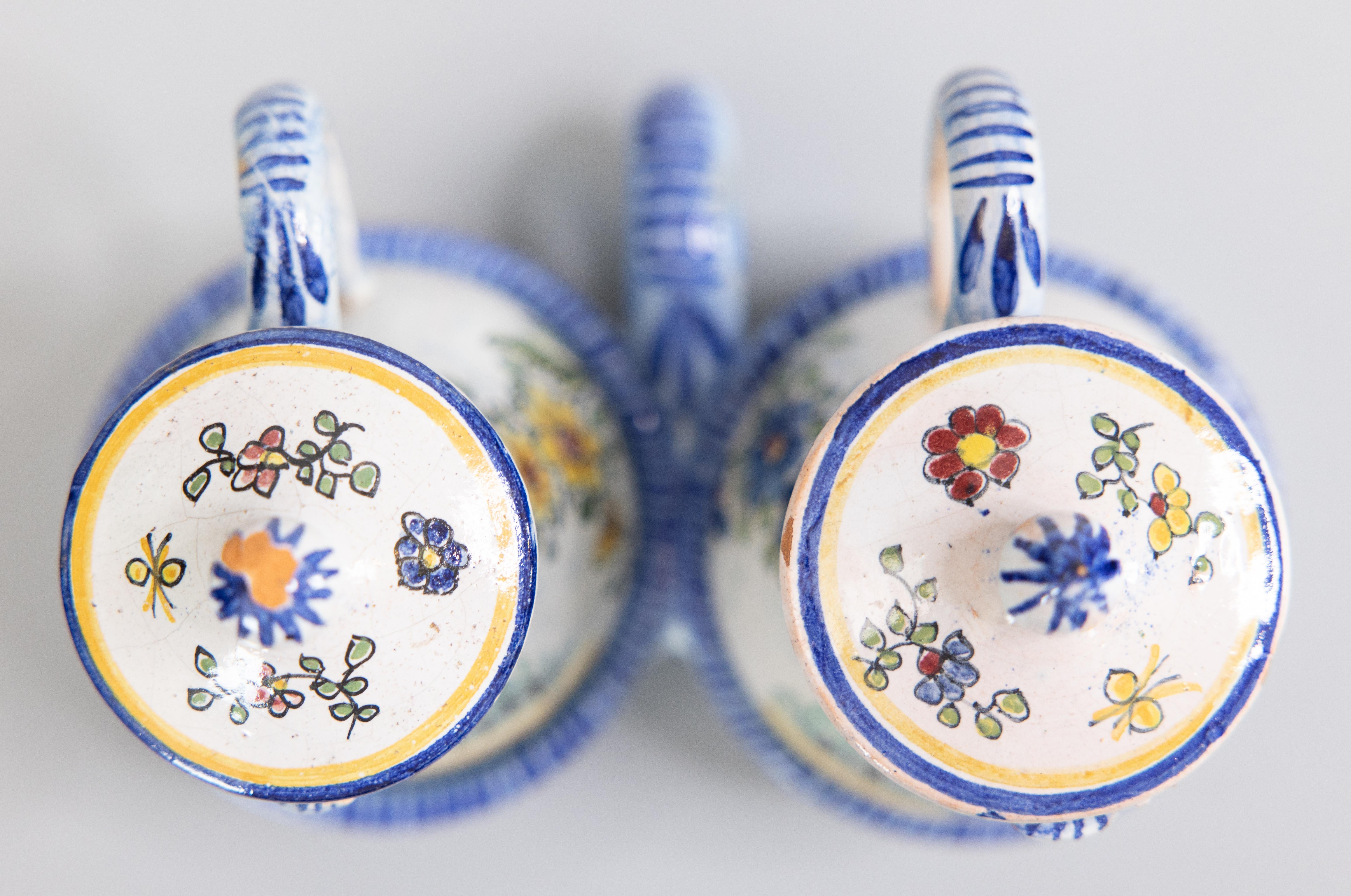 19th Century French Faience Quimper Oil & Vinegar Pitchers Cruet Set & Stand For Sale 5