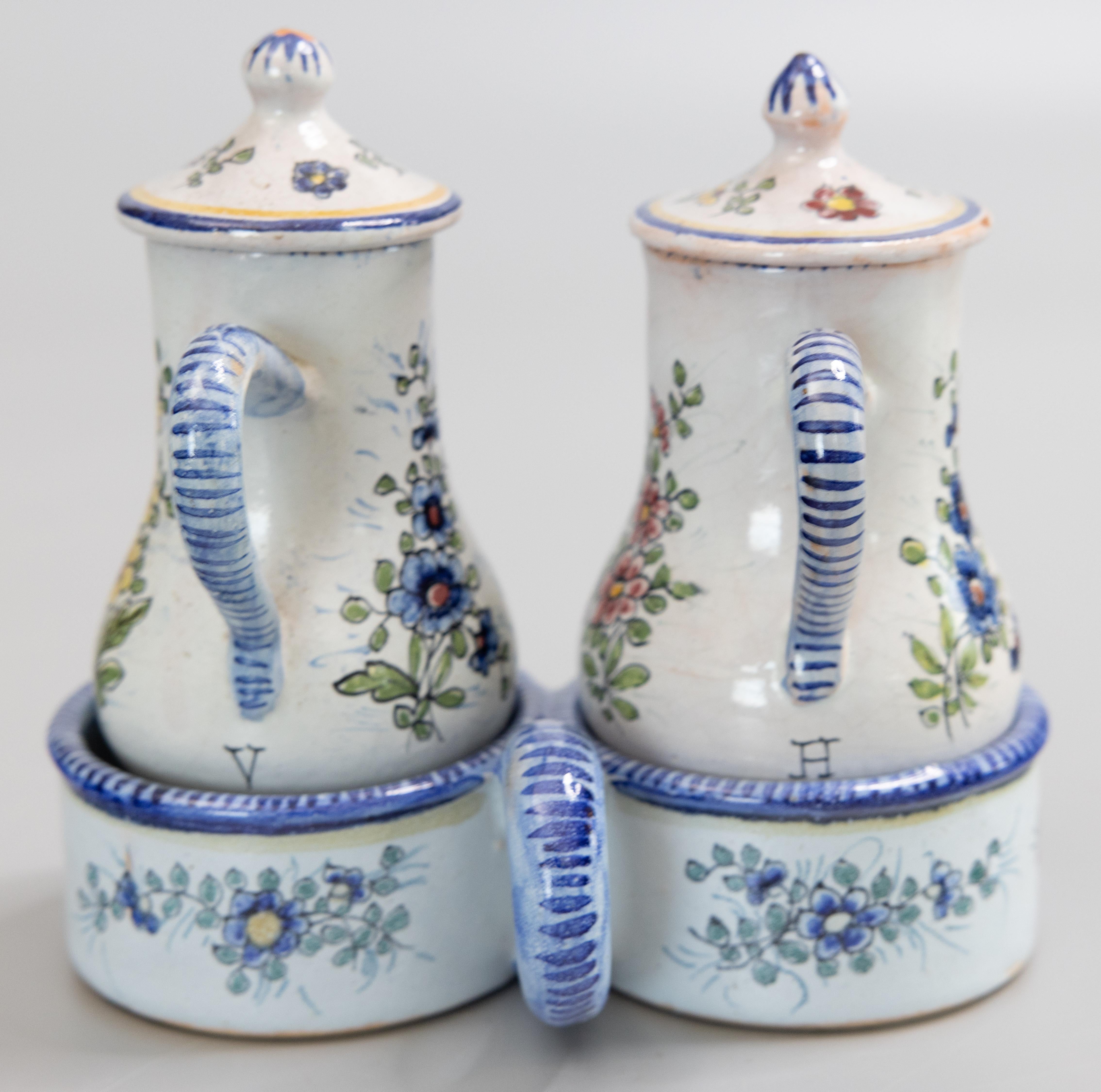Hand-Painted 19th Century French Faience Quimper Oil & Vinegar Pitchers Cruet Set & Stand For Sale
