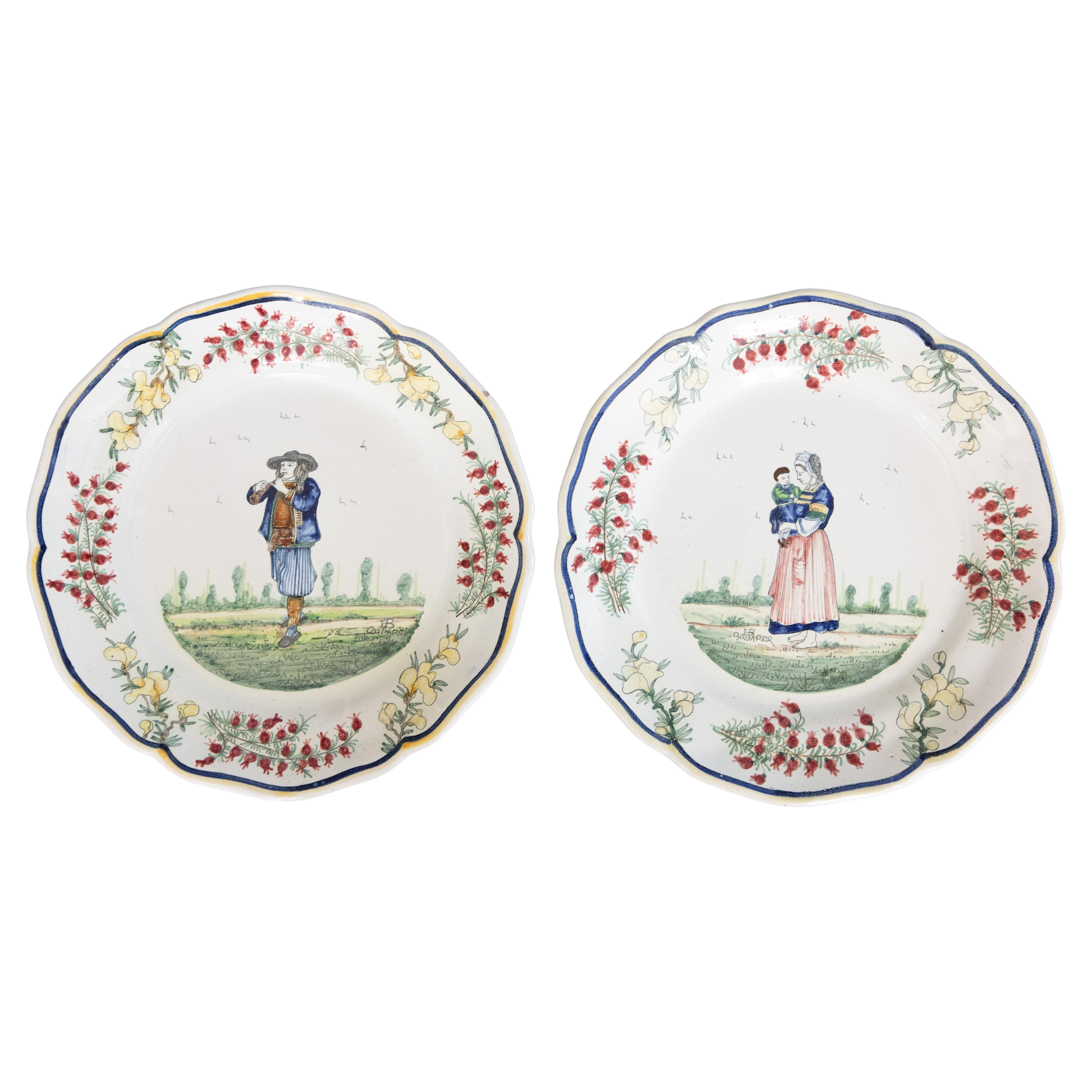 Pair of 19th Century French Faience Quimper Scalloped Plates