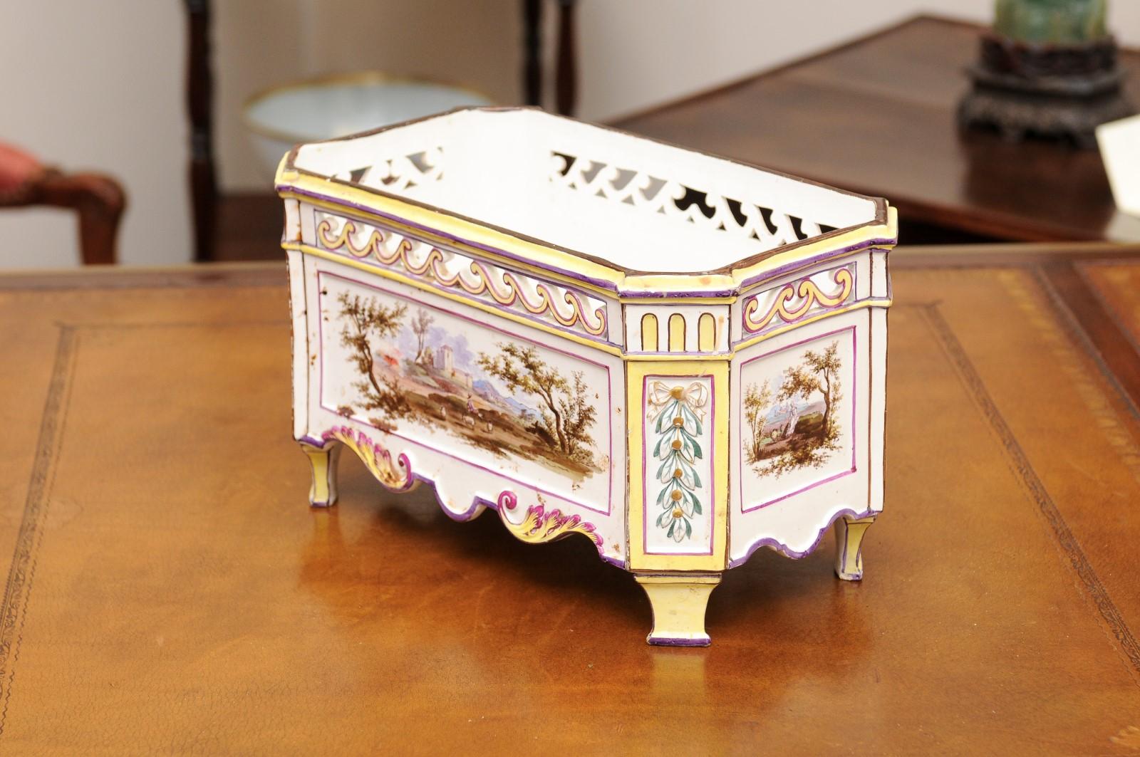 19th Century French Faience Rectangular Jardiniere with Painted Landscape For Sale 8