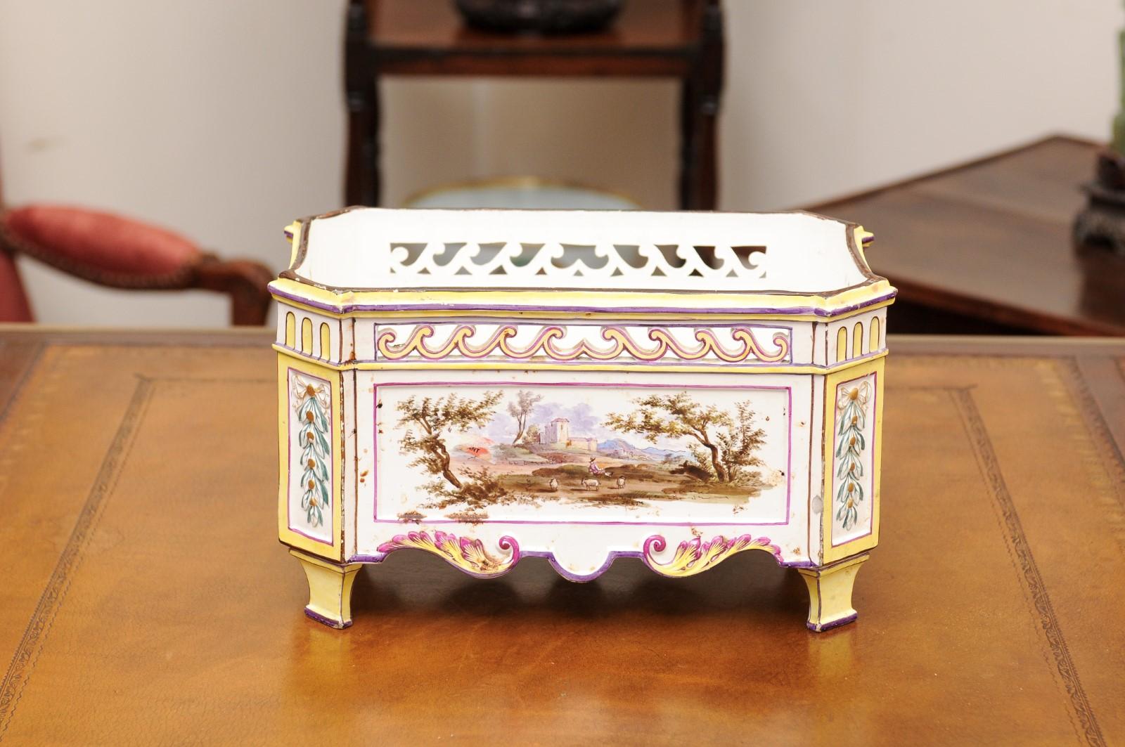 19th Century French Faience Rectangular Jardiniere with Painted Landscape For Sale 9