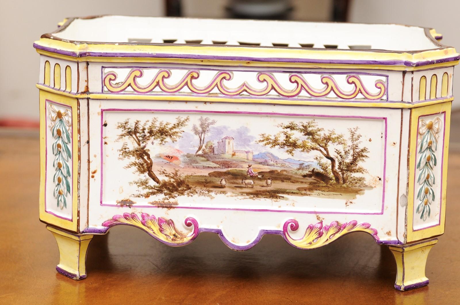 19th Century French Faience Rectangular Jardiniere with Painted Landscape For Sale 10