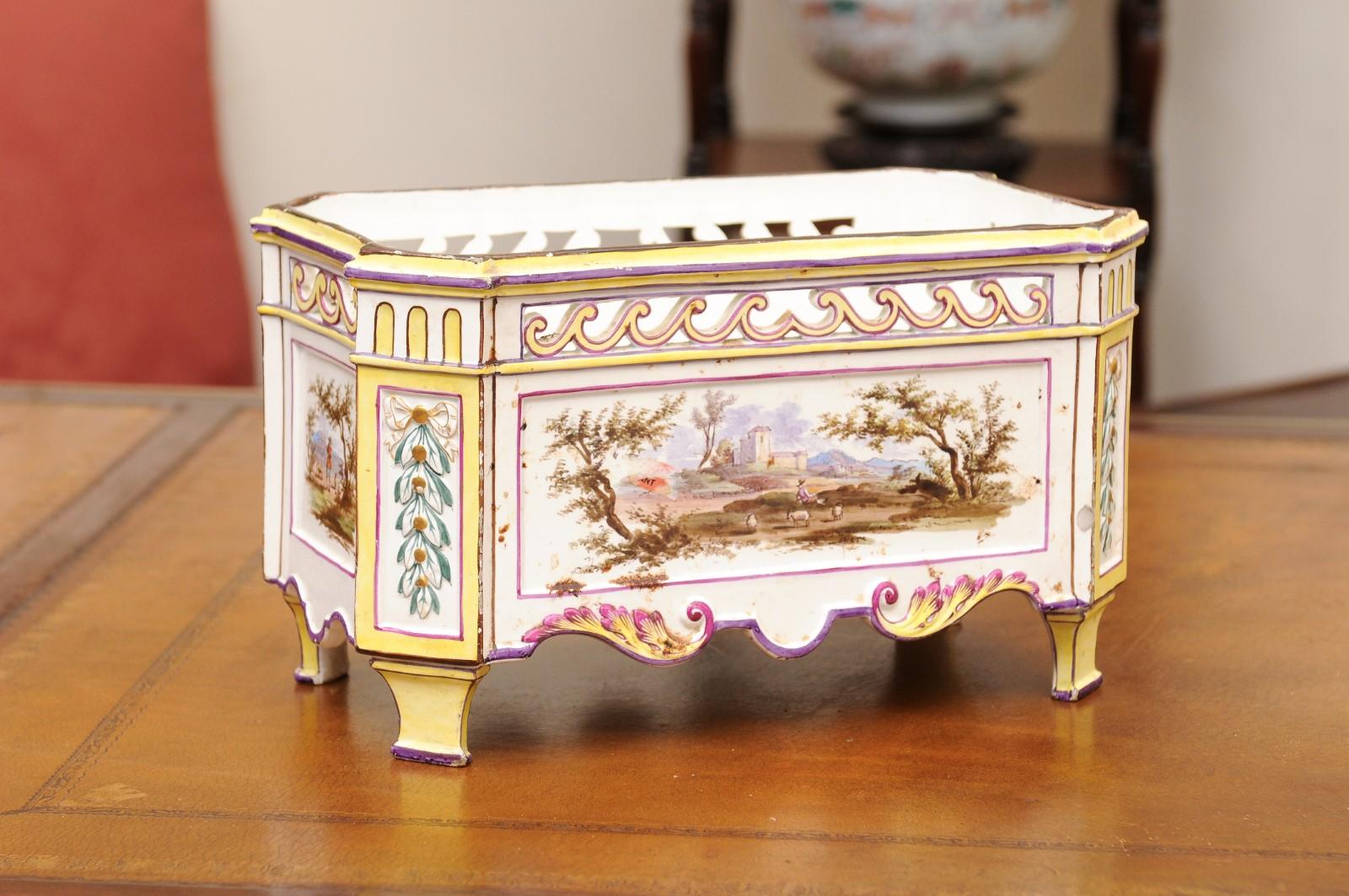 19th Century French Faience Rectangular Jardiniere with Painted Landscape For Sale 1