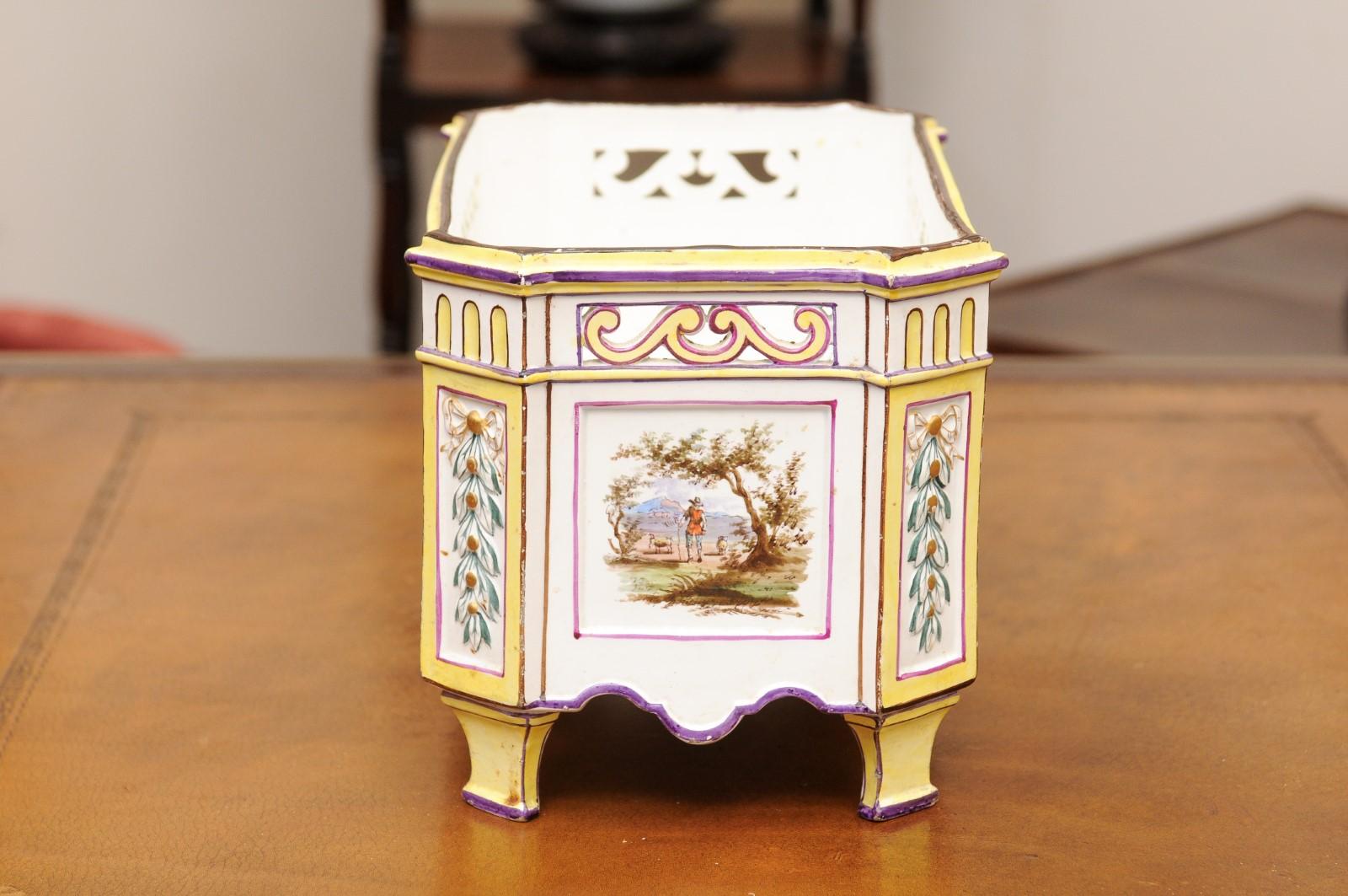 19th Century French Faience Rectangular Jardiniere with Painted Landscape For Sale 2