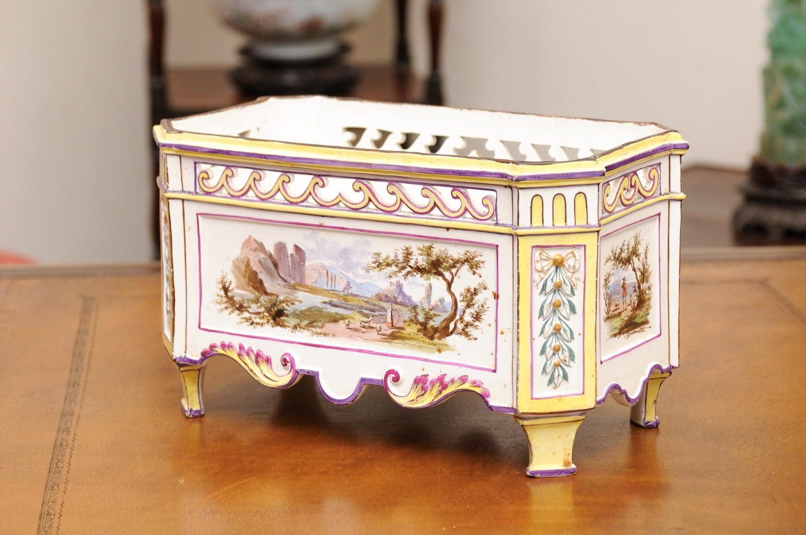 19th Century French Faience Rectangular Jardiniere with Painted Landscape For Sale 3