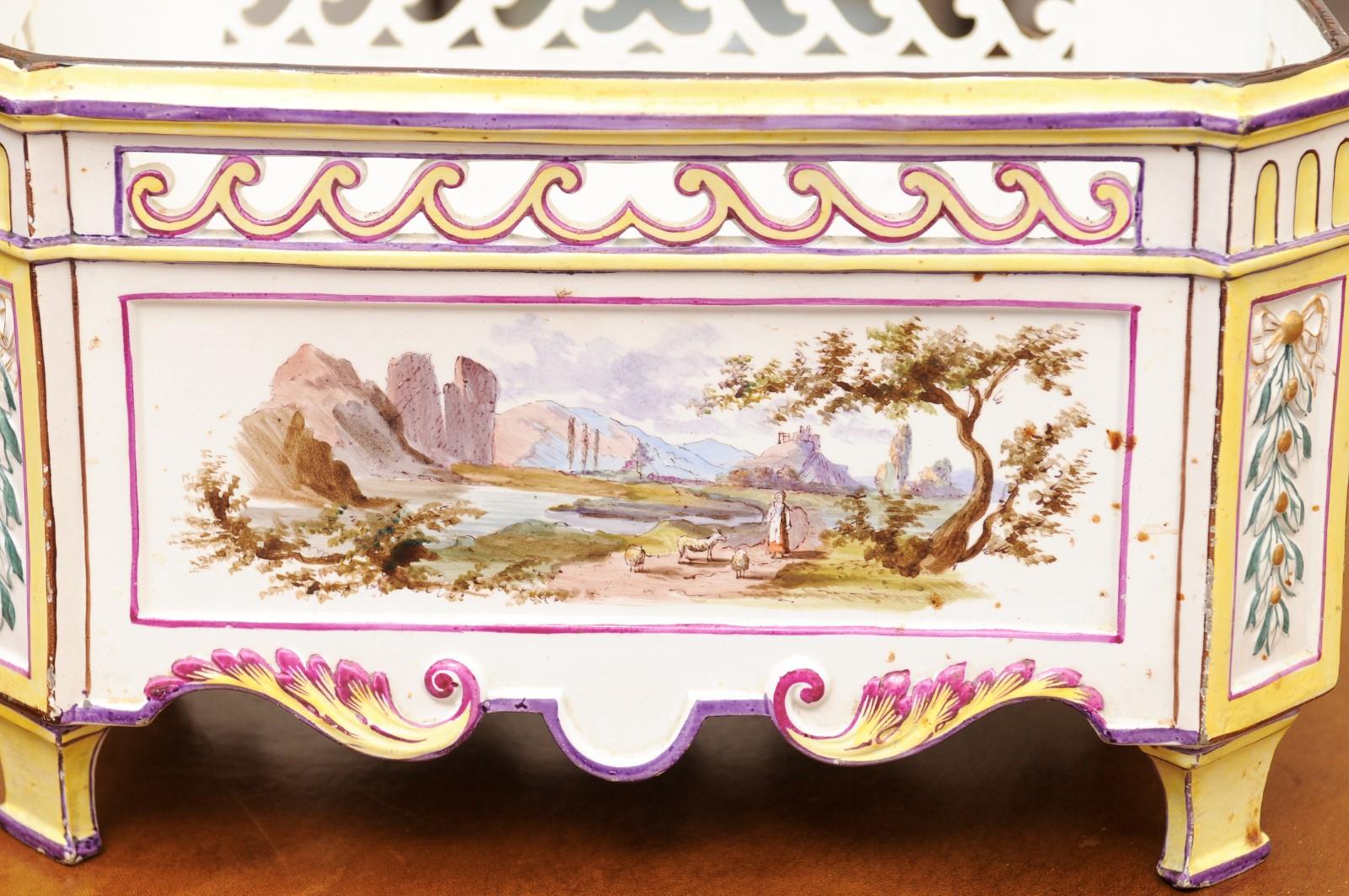 19th Century French Faience Rectangular Jardiniere with Painted Landscape For Sale 5