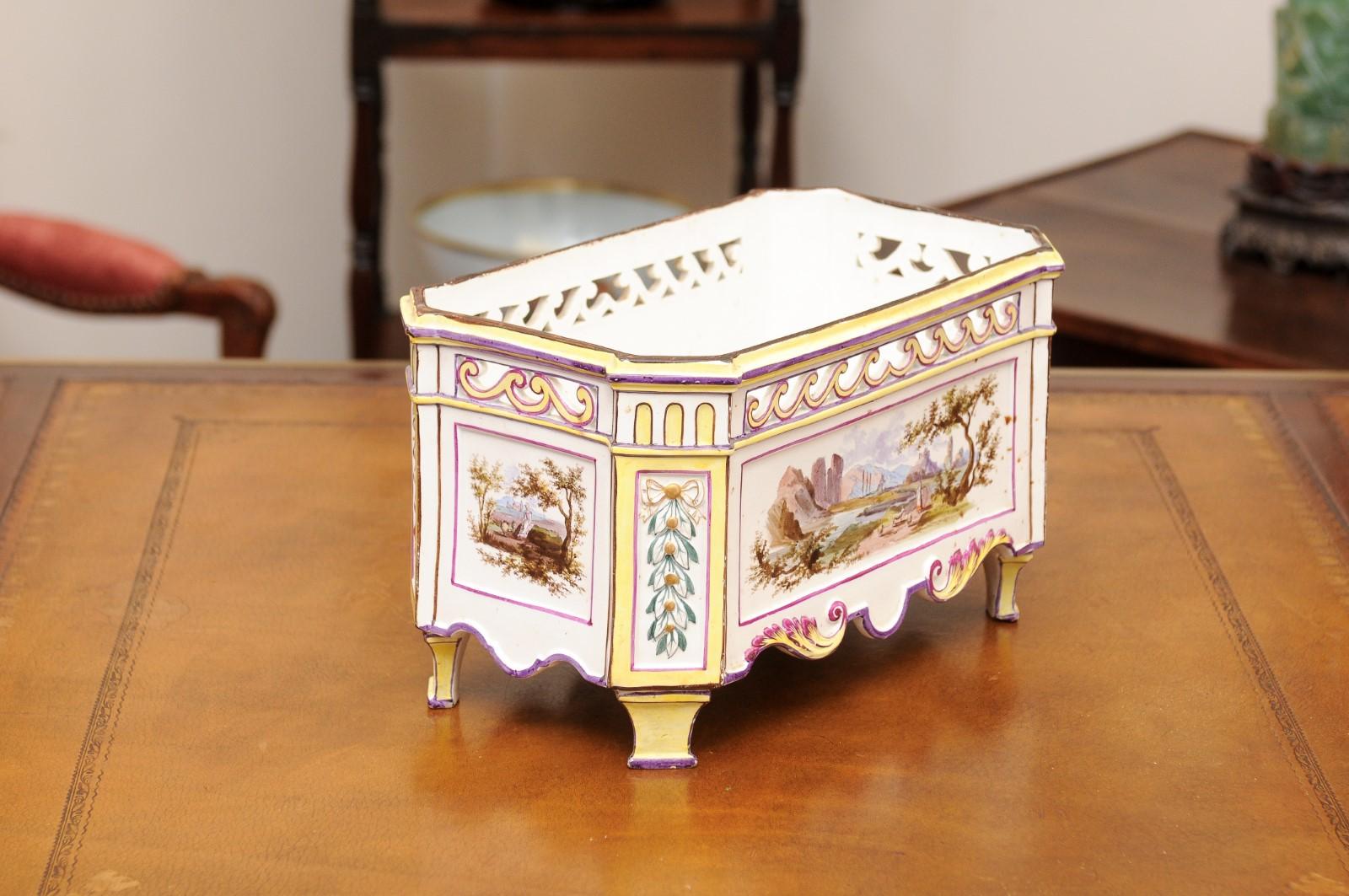 19th Century French Faience Rectangular Jardiniere with Painted Landscape For Sale 6