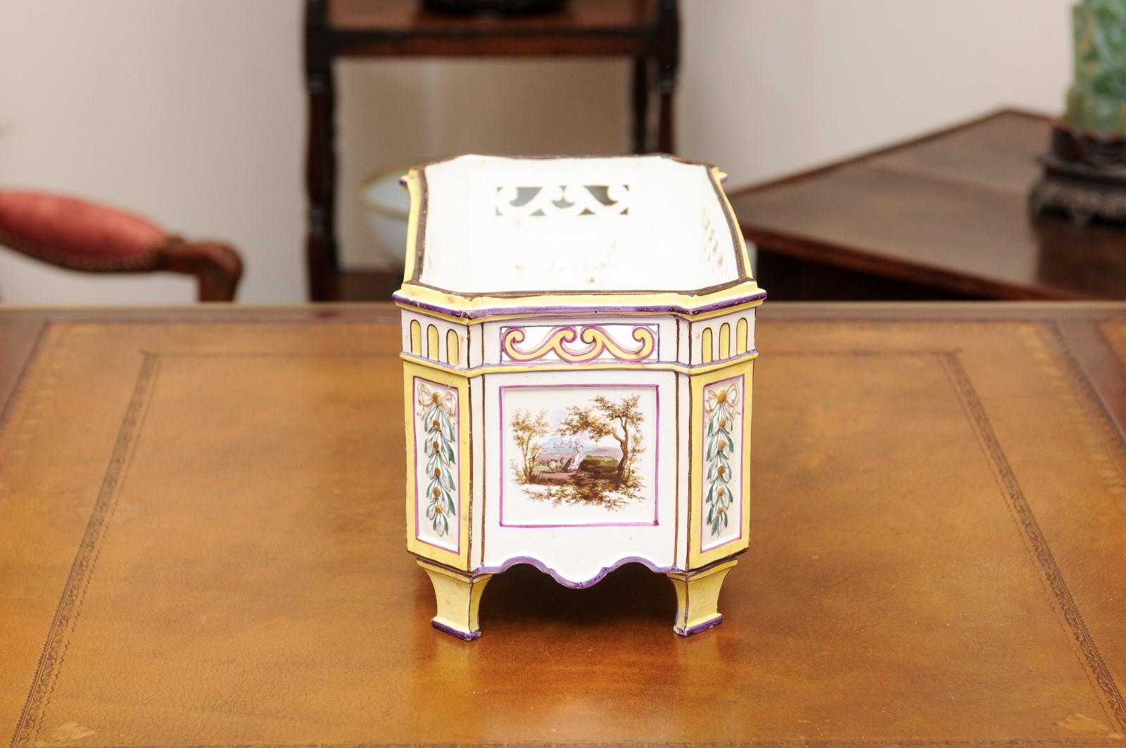 19th Century French Faience Rectangular Jardiniere with Painted Landscape For Sale 7