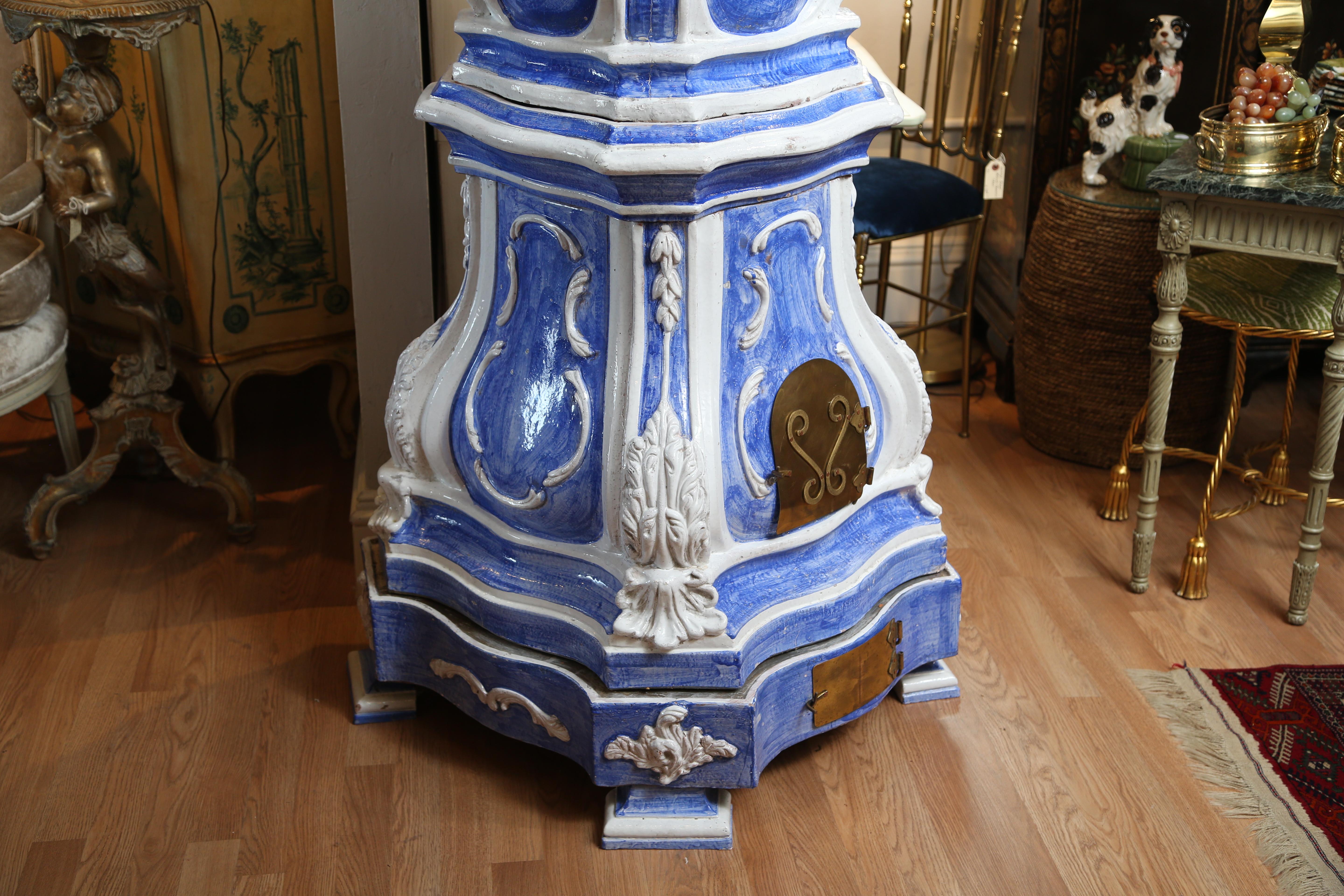19th century French blue and white glazed terracotta stove.