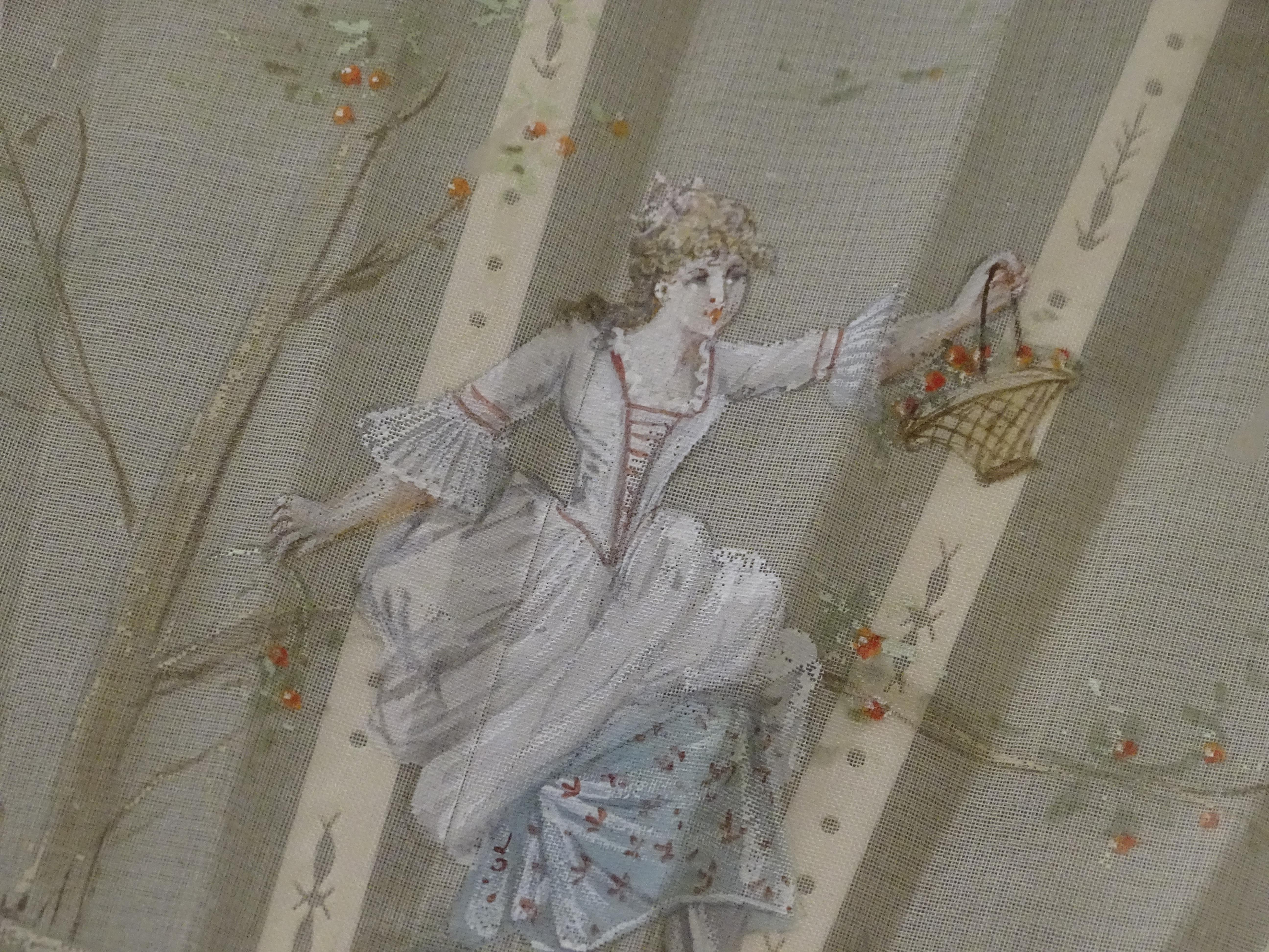 19th Century French Fan, Mother of Pearl, Painting Silk 3