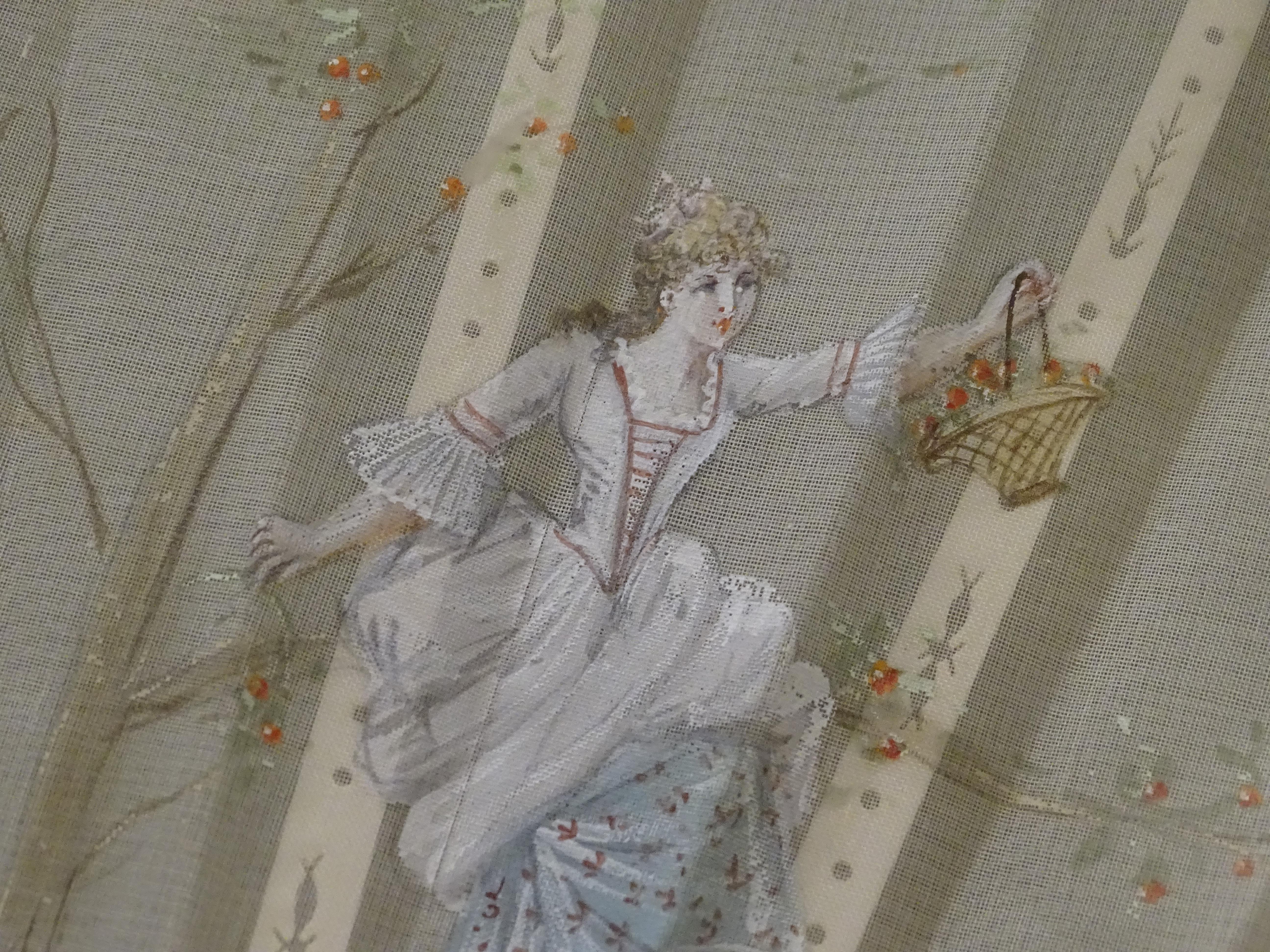 19th Century French Fan, Mother of Pearl, Painting Silk 4
