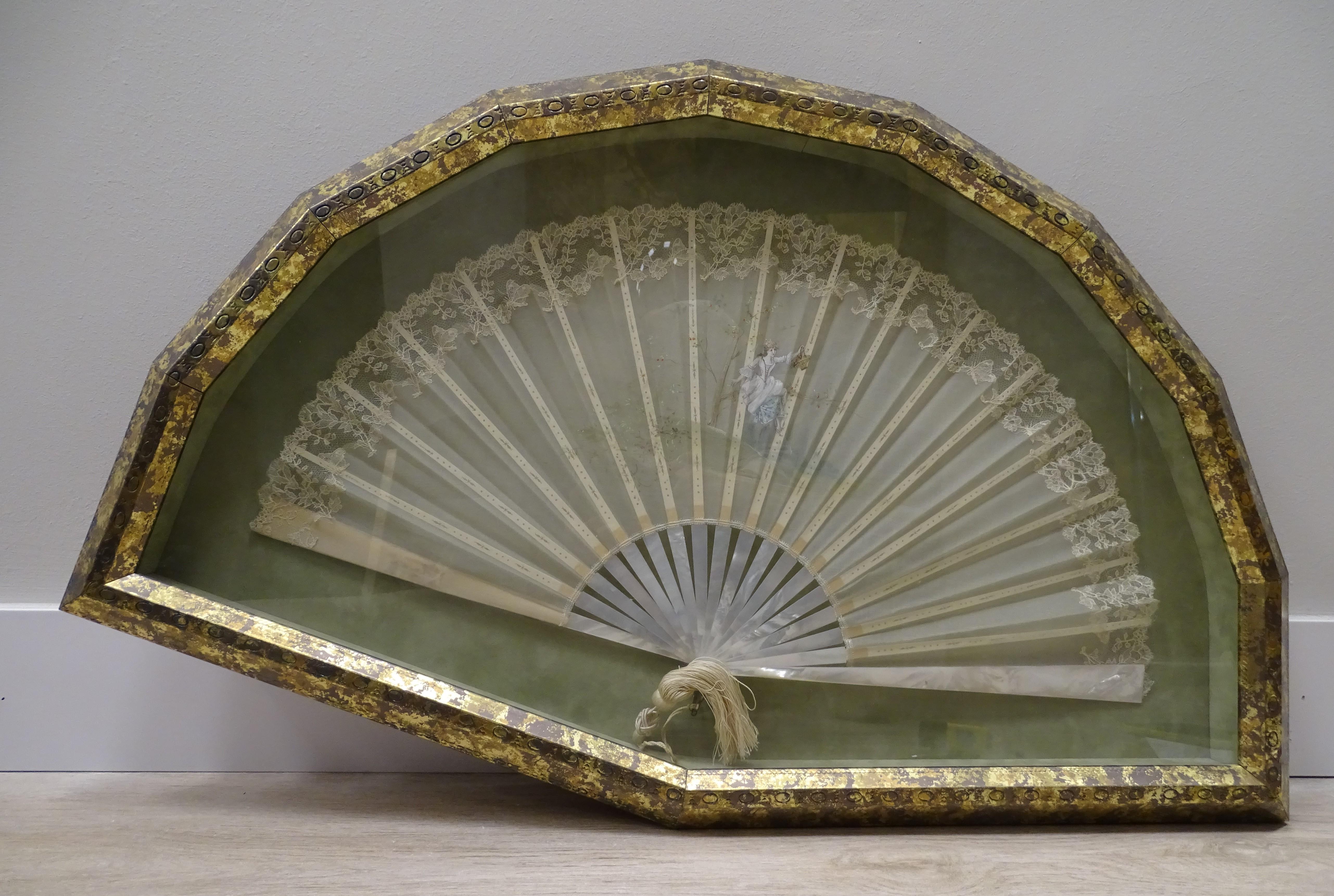 19th Century French Fan, Mother of Pearl, Painting Silk 11