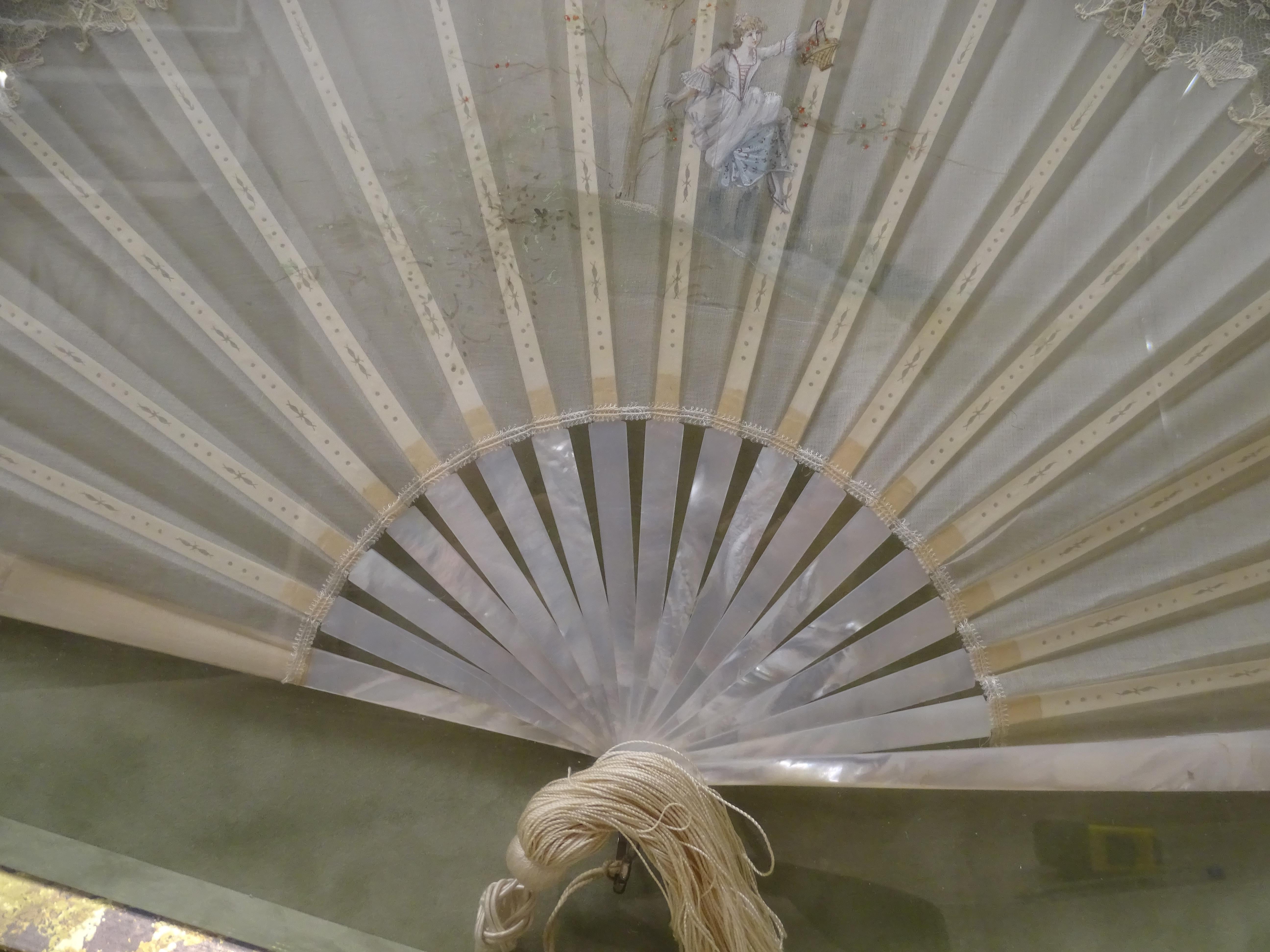 19th Century French Fan, Mother of Pearl, Painting Silk 12