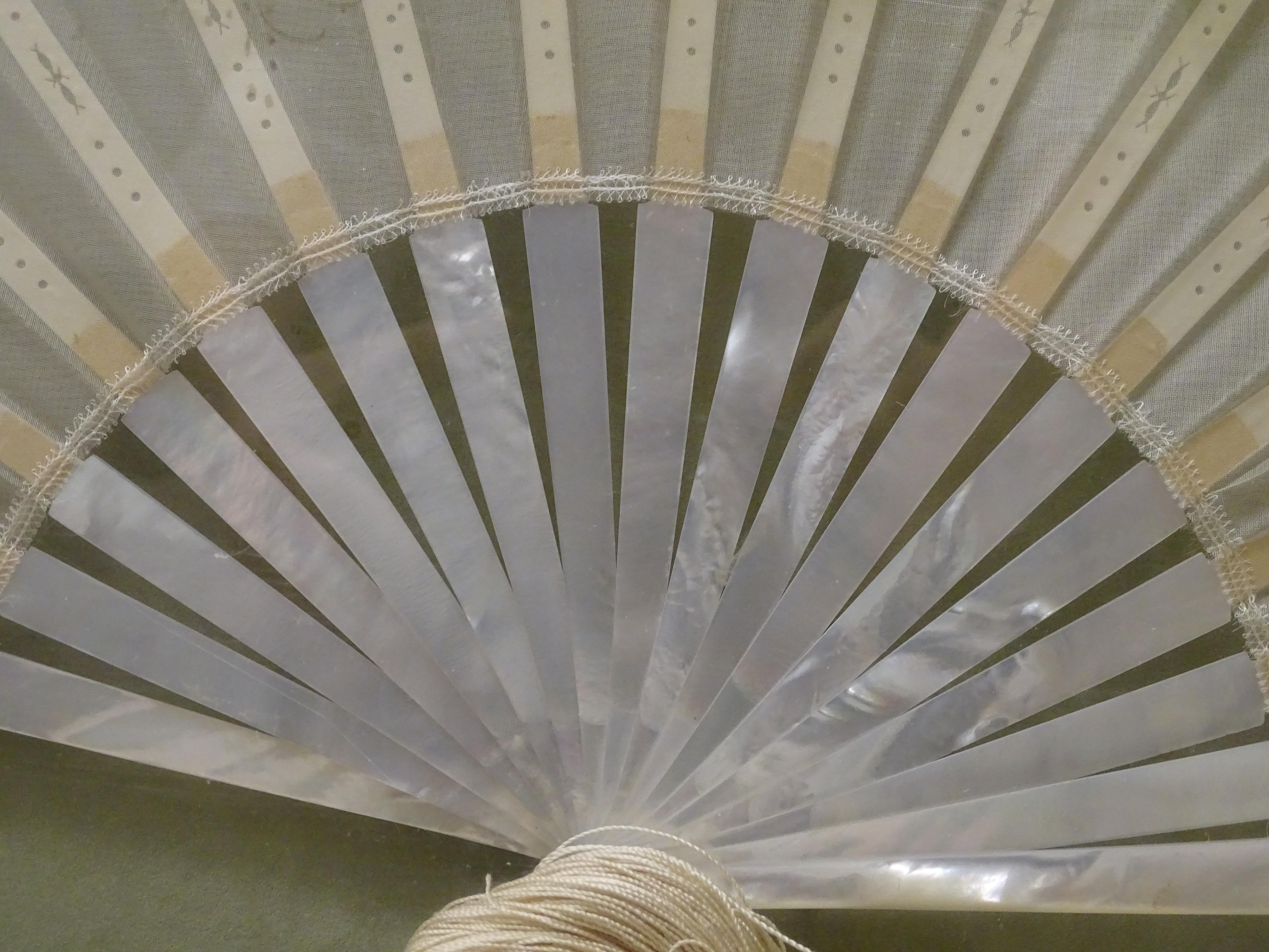 Hand-Crafted 19th Century French Fan, Mother of Pearl, Painting Silk