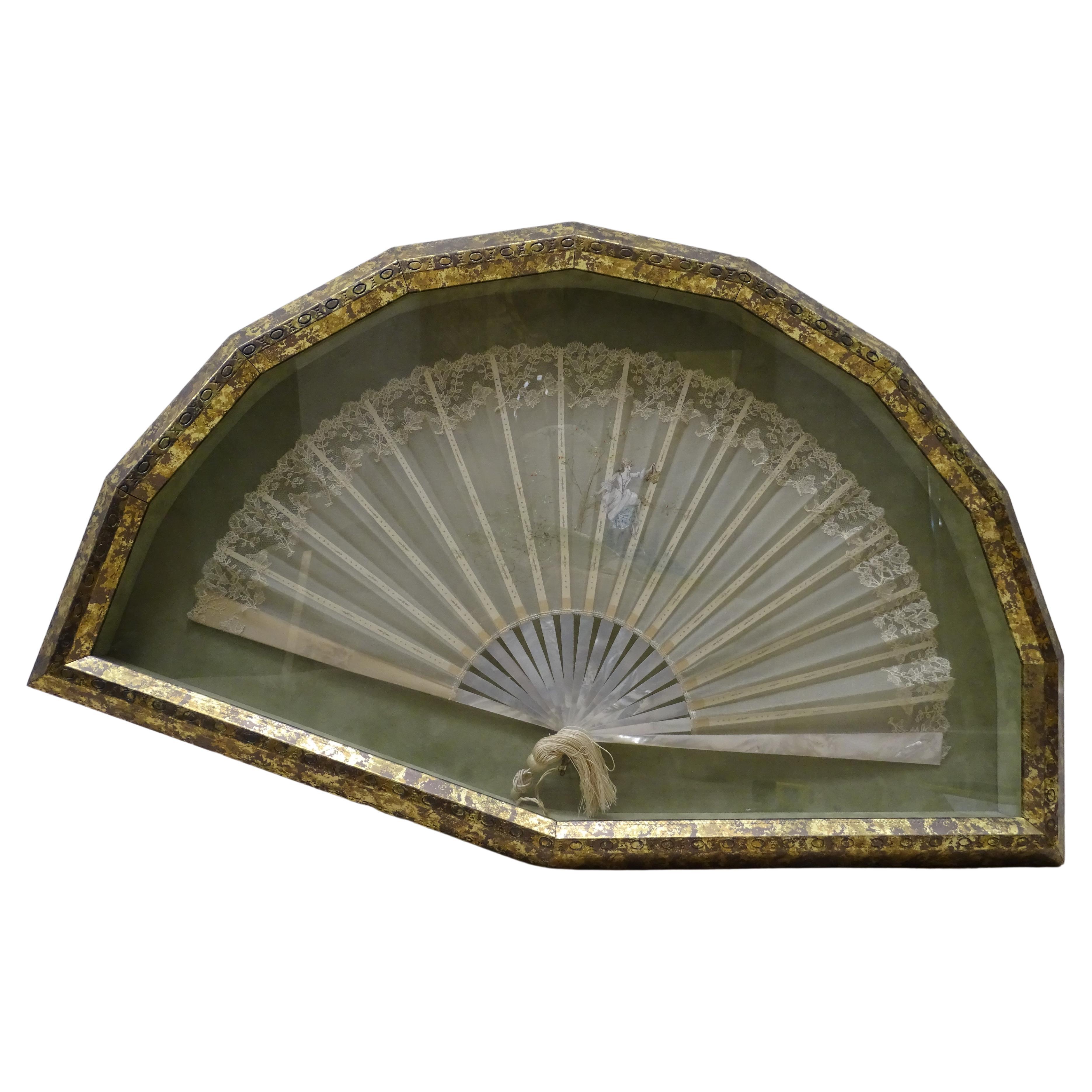 19th Century French Fan, Mother of Pearl, Painting Silk