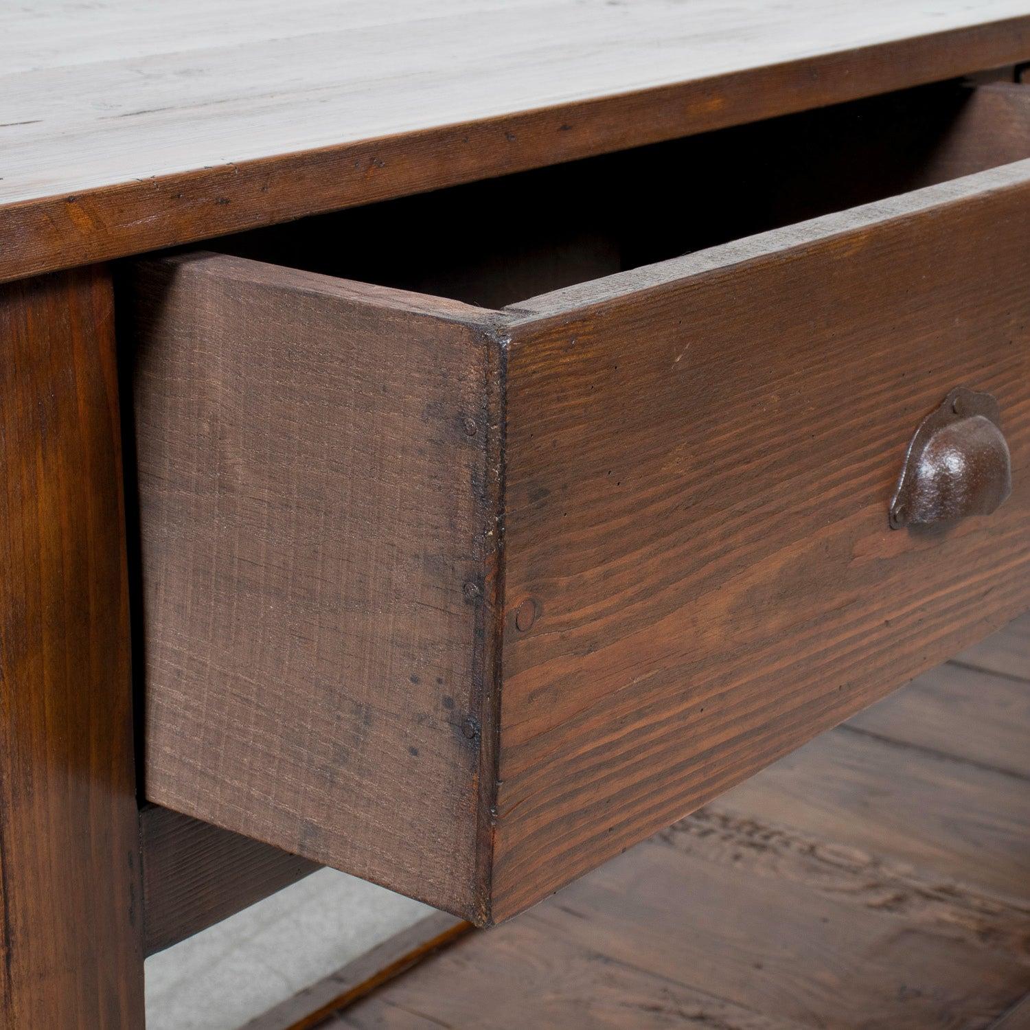 19th Century French Farm House Console Table with Four Drawers and Shelf For Sale 9