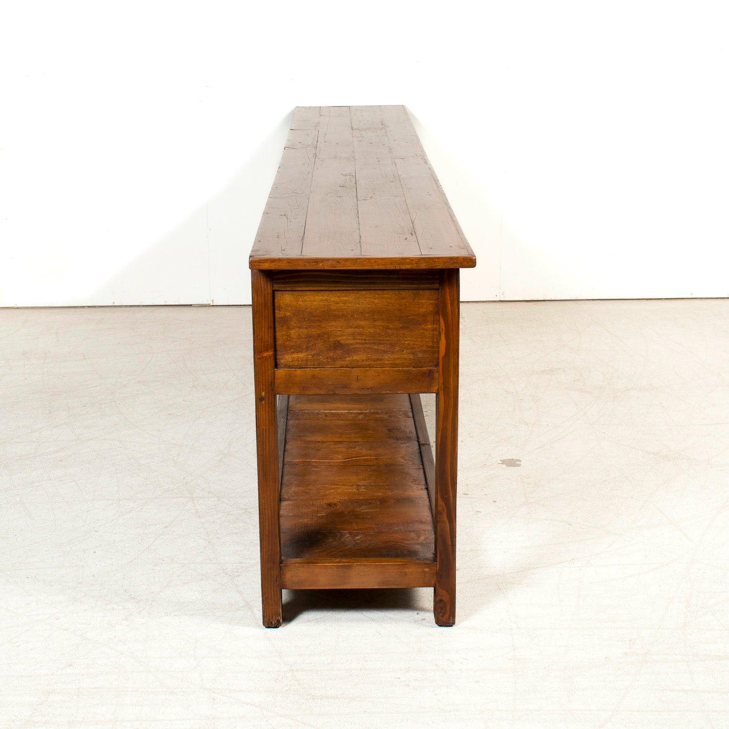 19th Century French Farm House Console Table with Four Drawers and Shelf For Sale 11
