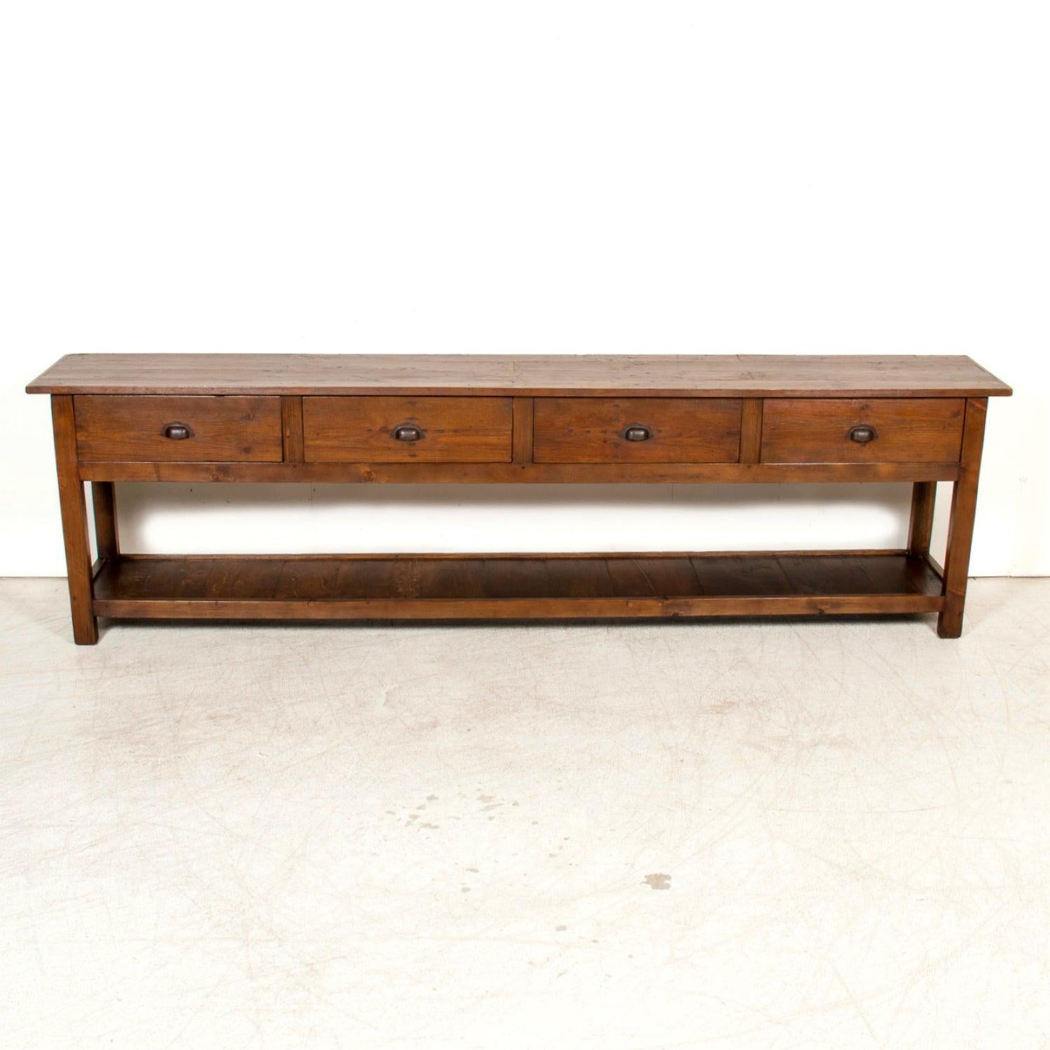 19th Century French Farm House Console Table with Four Drawers and Shelf In Good Condition For Sale In Birmingham, AL