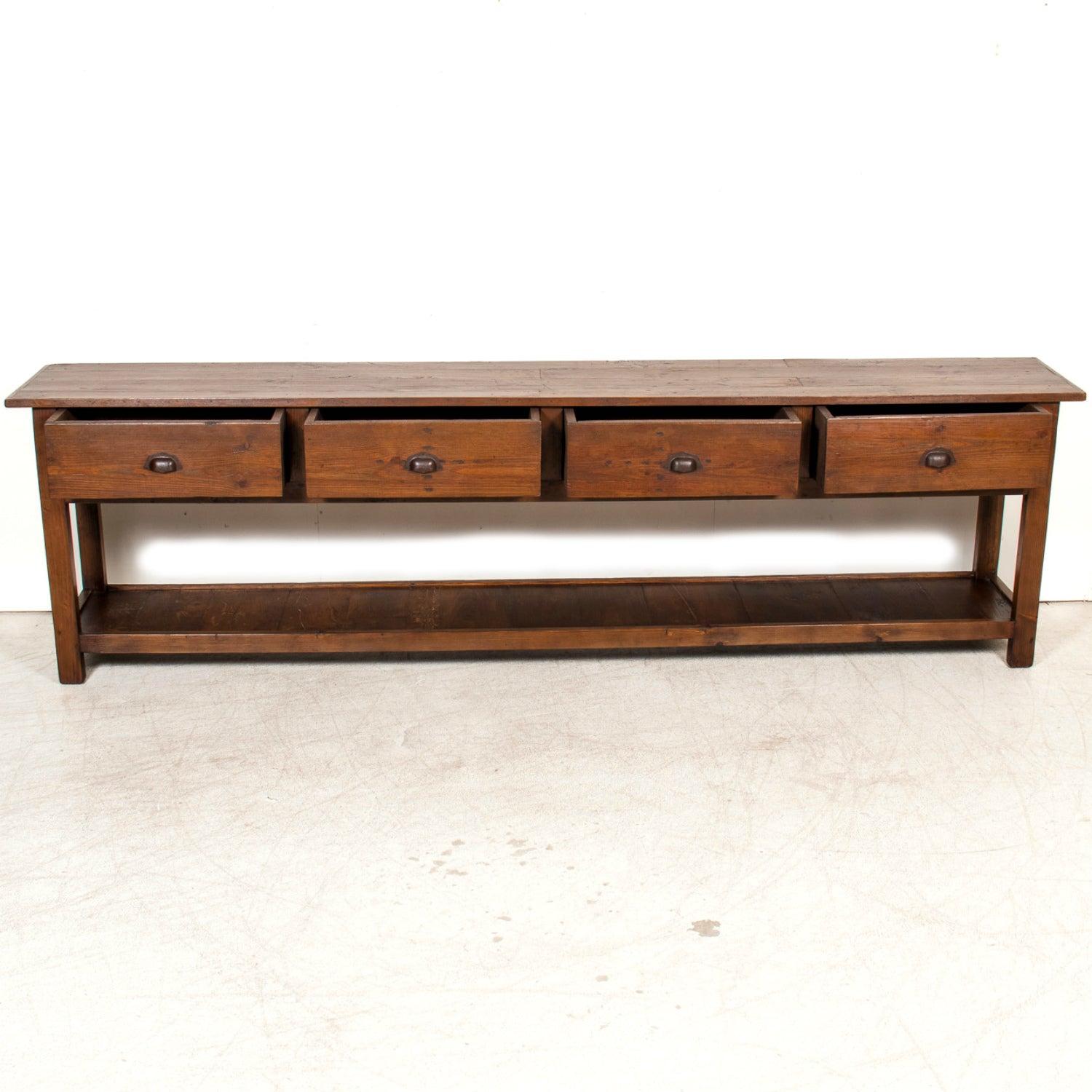 19th Century French Farm House Console Table with Four Drawers and Shelf For Sale 3